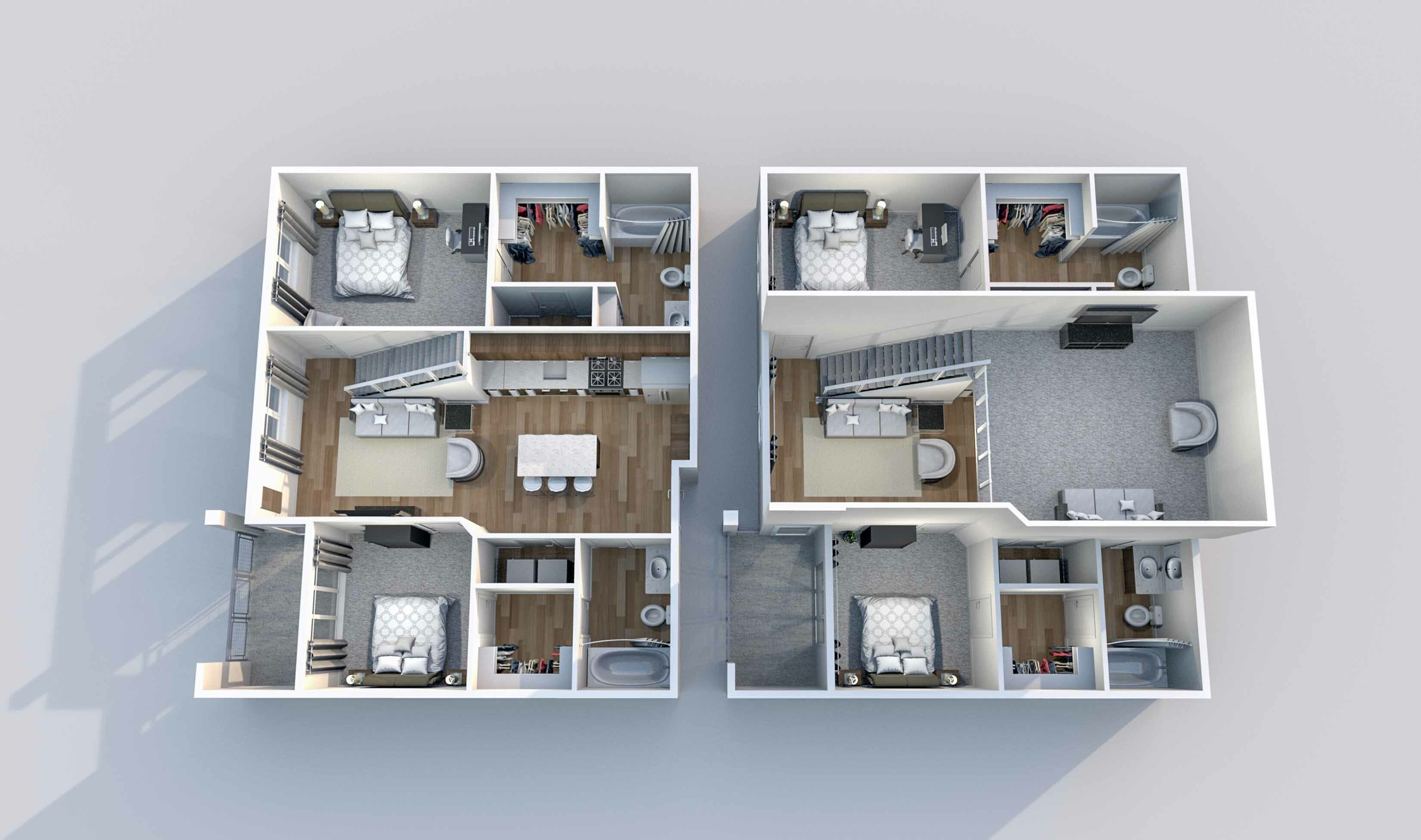 3D floor plan depicting a stylish duplex with three bedrooms, a modern open-plan living area, and spacious bathrooms.