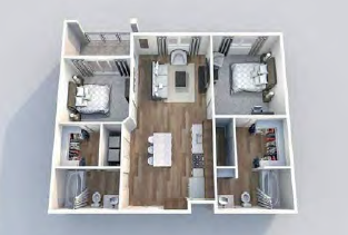Modern 3D floor plan illustrating 2 bedrooms, elegant open living area, and a contemporary kitchen layout.