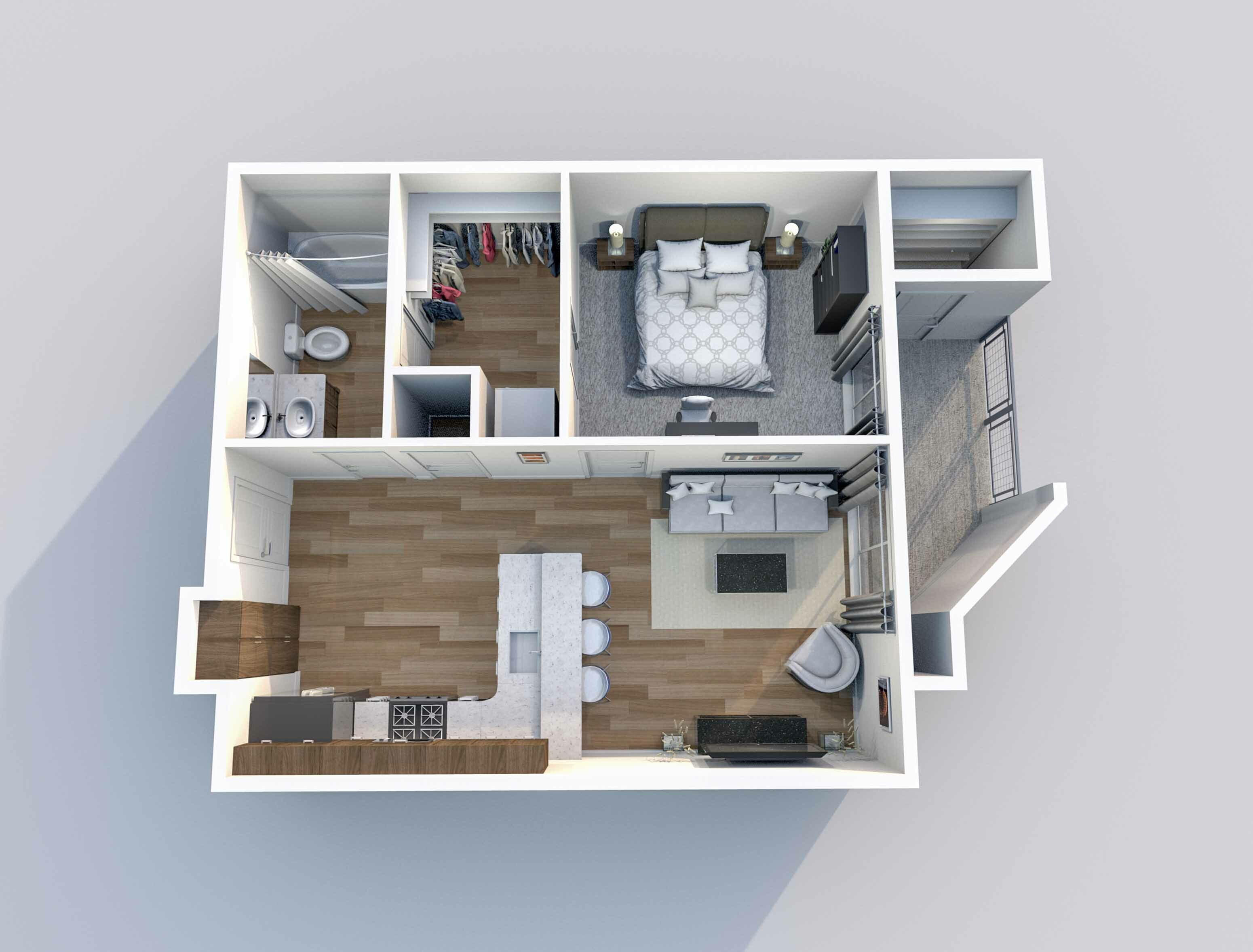 Modern 3D apartment layout showcasing a cozy bedroom, sleek bathroom, stylish kitchen, and inviting living room with balcony access.