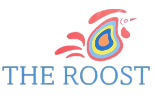 Vibrant logo design featuring a colorful rooster with text 'The Roost' in stylish blue font.