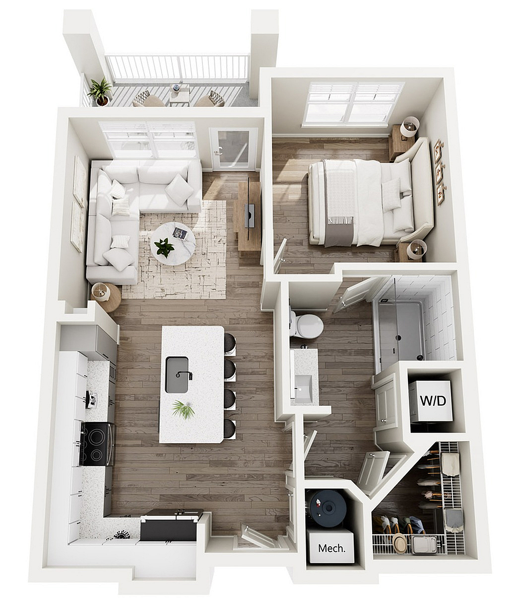 The Rhine, 1/1, 722 SF | Spacious apartment floor plan with a cozy bedroom, modern kitchen, stylish open living area, and a vibrant balcony view.