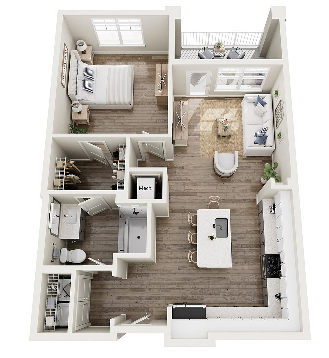 The Douro, 1/1, 915 SF | Modern 3D floor plan showcasing a spacious one-bedroom apartment with an open-plan kitchen, cozy living area, and private balcony.