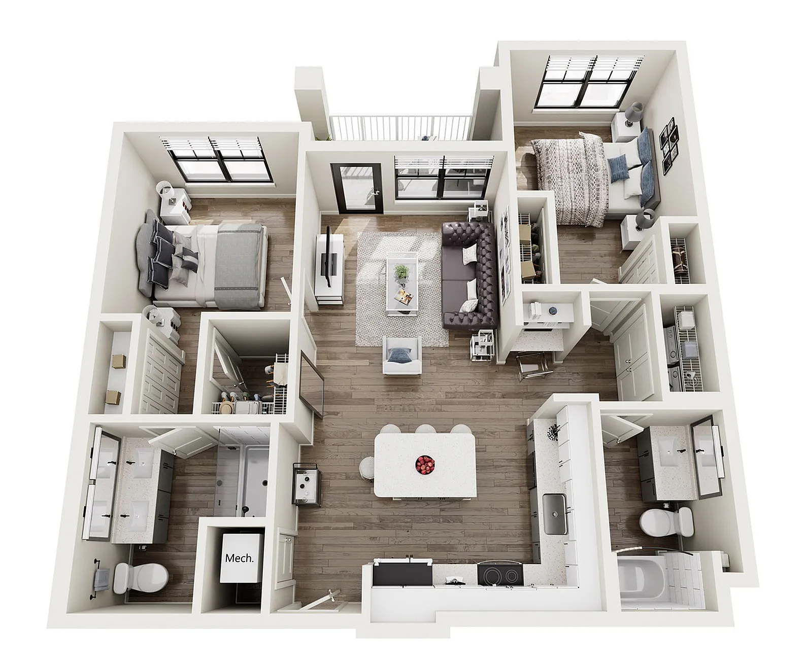 The Seine, 2/2, 1162 SF | Modern 3D floor plan showcasing two bedrooms, a sleek open-concept living area, and a contemporary kitchen, ideal for urban living.