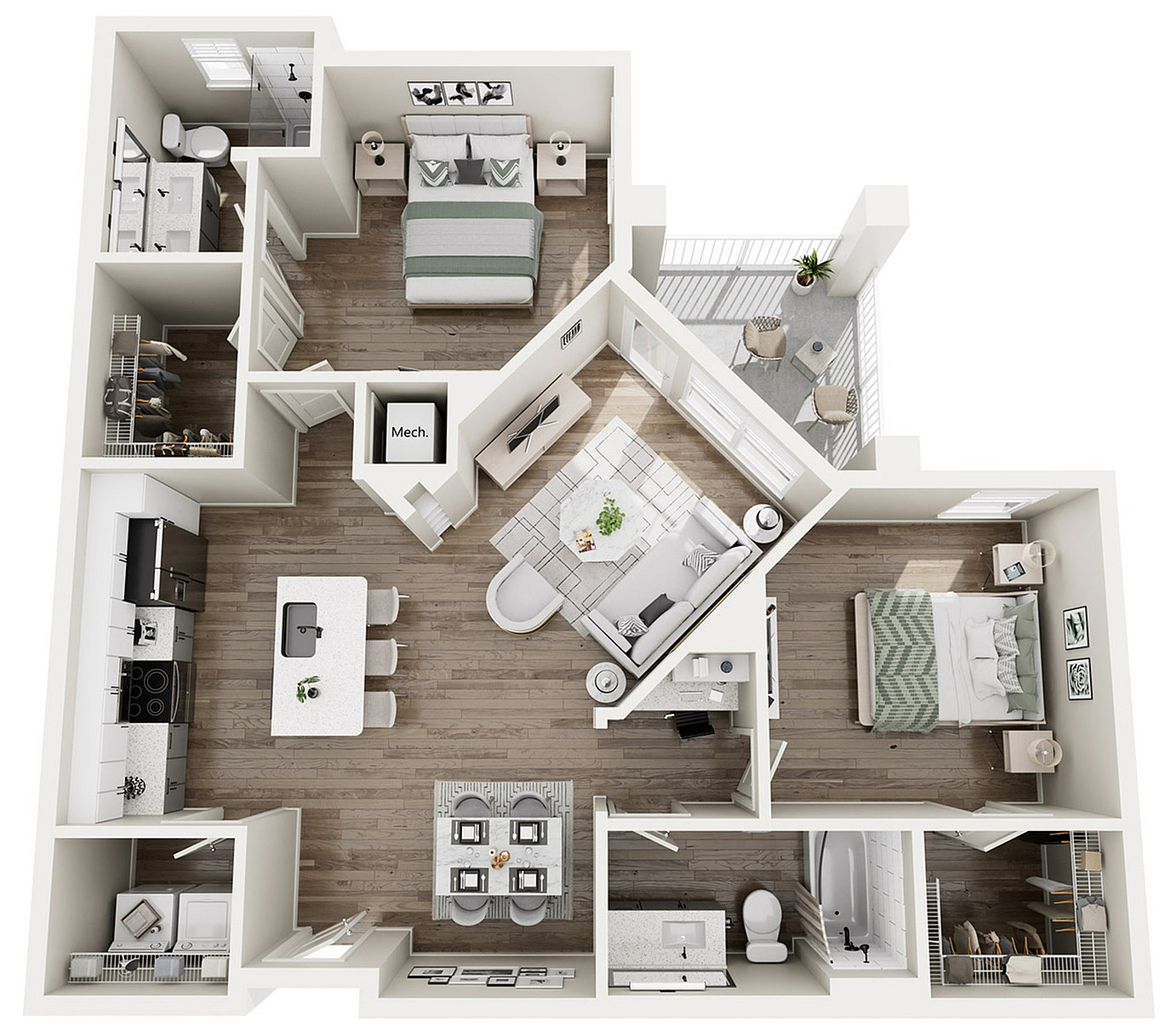 The Soane, 2/2, 1243 SF | Modern 3D floor plan showcasing 2 bedrooms, open-plan kitchen, cozy living area, and a private balcony, designed for contemporary living.
