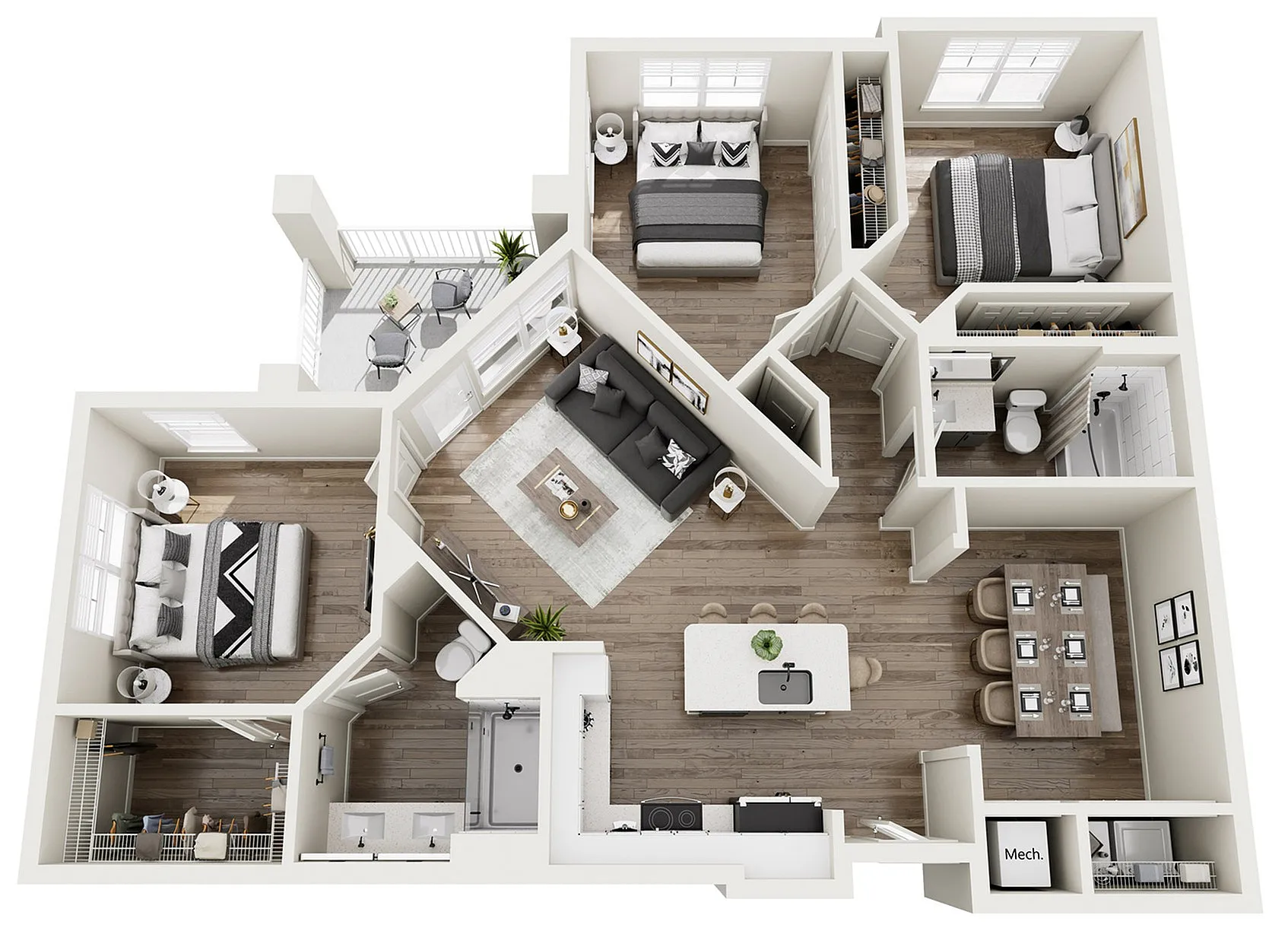 The Nile, 3/2, 1392 SF | A spacious 3D floor plan showcasing a spacious design with three bedrooms, open-concept living area, sleek kitchen, and a cozy balcony.
