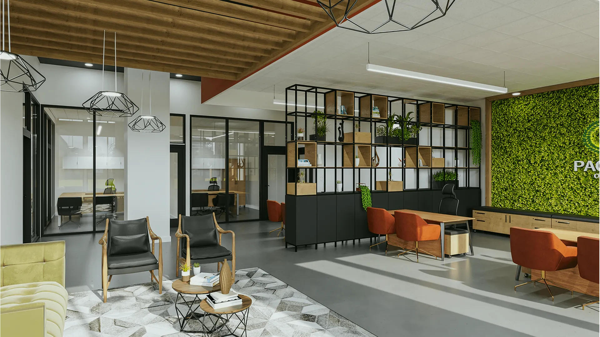 Fun and calming Lobby area surrounded by colorful chairs, wood hanging ceiling decor, fireplace and open sitting areas.