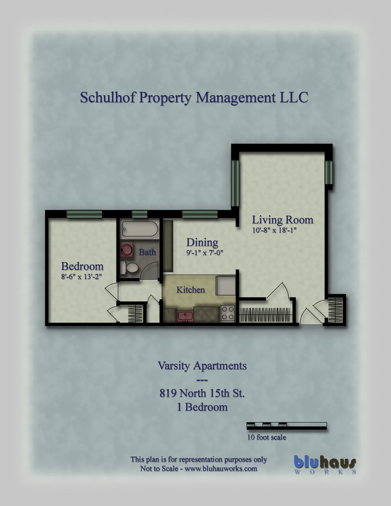 Varsity Apartment 1 Bedroom Floor Plan - Schulhof Property Management LLC