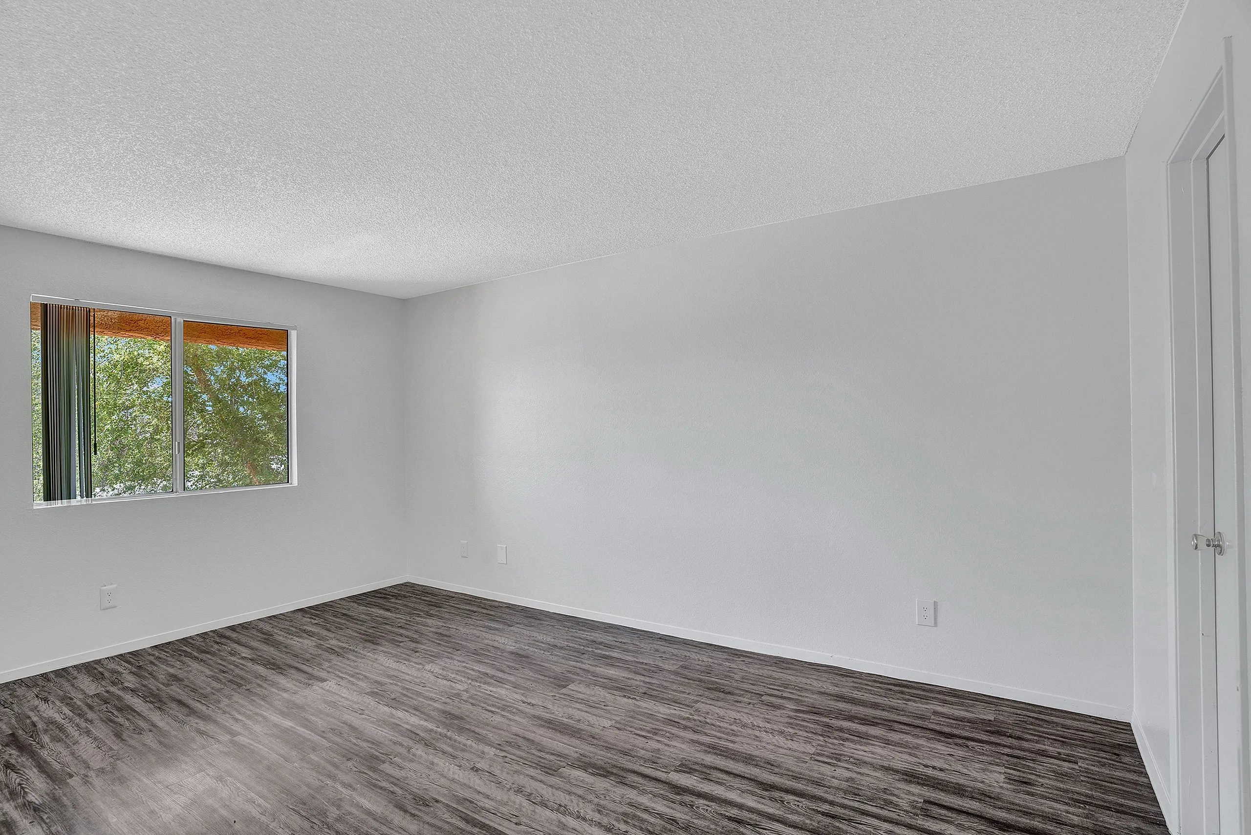 Bright, empty room with modern wood flooring and a large window, offering a blank canvas for personalized design.