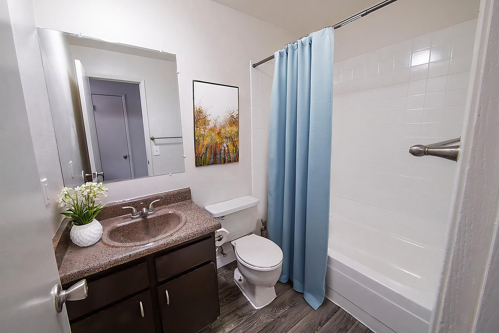 Modern bathroom with elegant fixtures, a granite countertop sink, and eye-catching wall art; features a soothing blue shower curtain and stylish flooring.