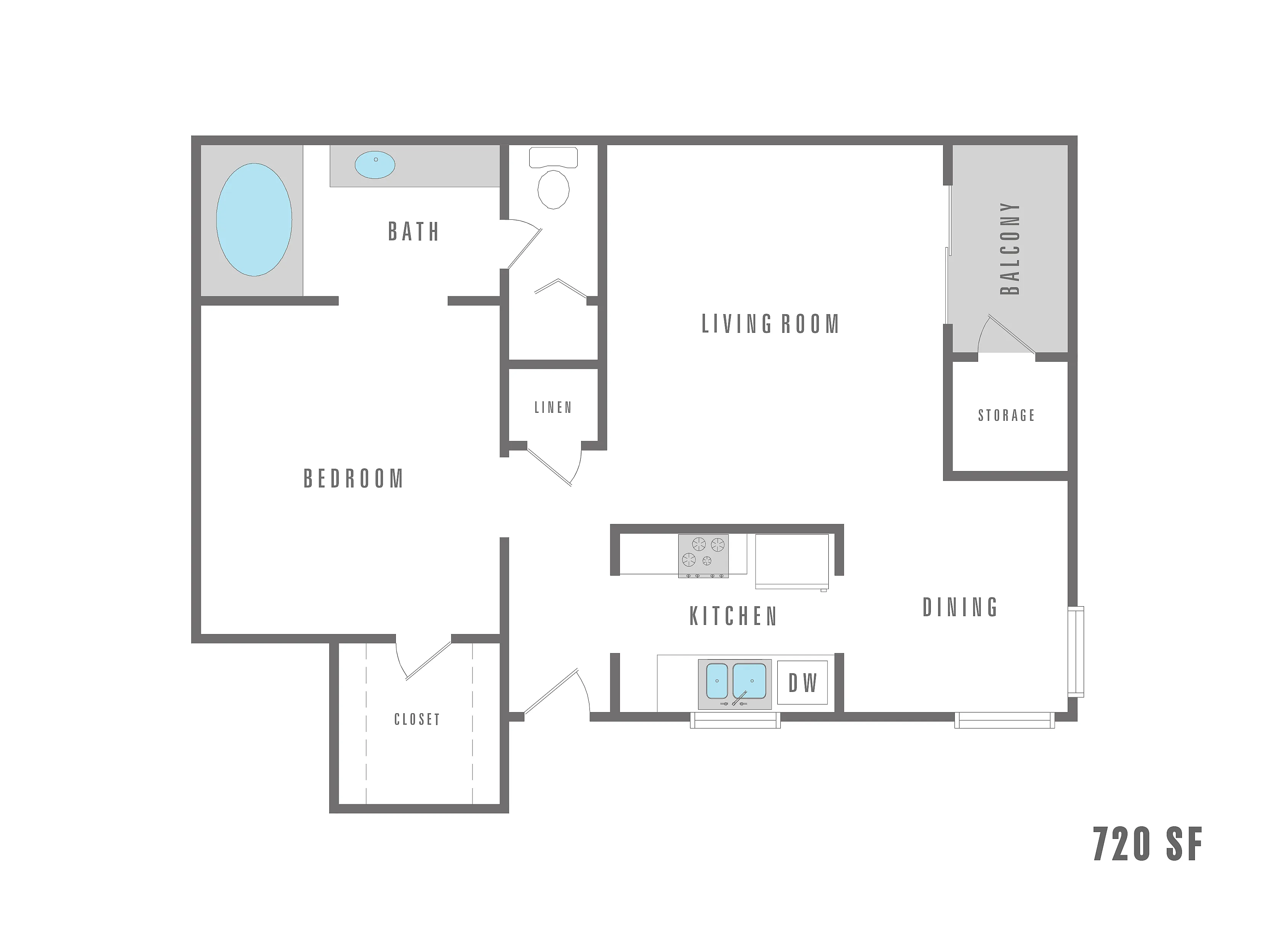Modern 720 sq ft floor plan featuring a spacious bedroom, open living and dining area, stylish kitchen, and private balcony.