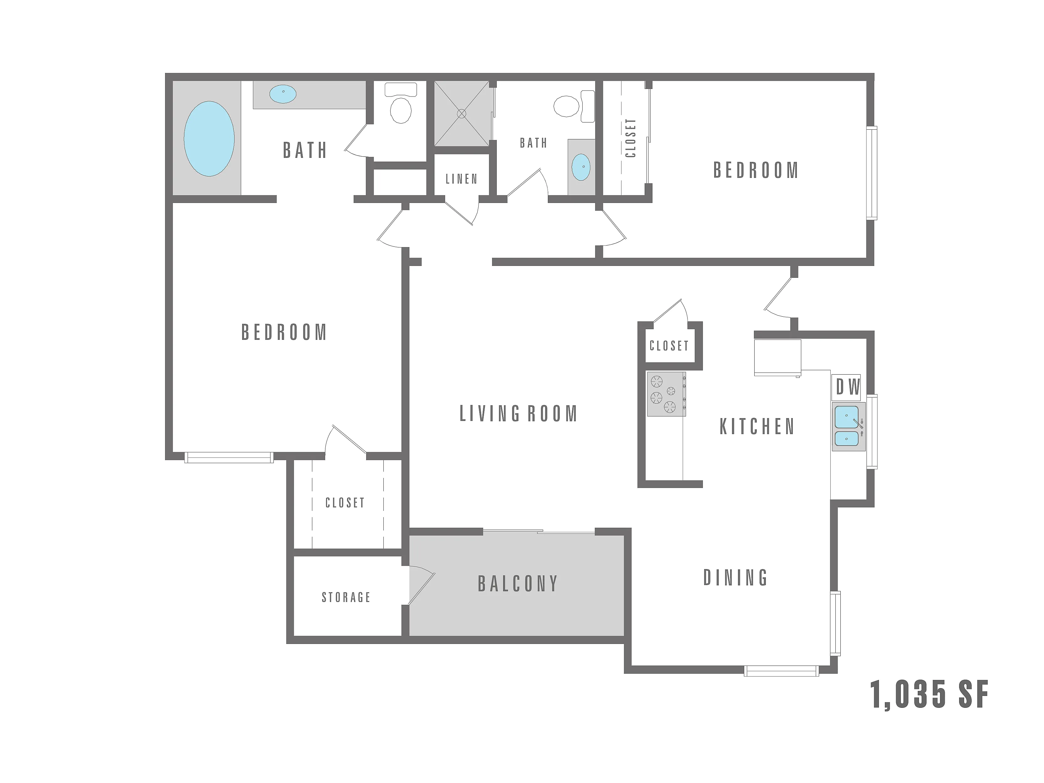 Modern 2D floor plan offering 2 bedrooms, 2 bathrooms, a spacious living room, and a cozy balcony, totaling 1,035 sq ft.