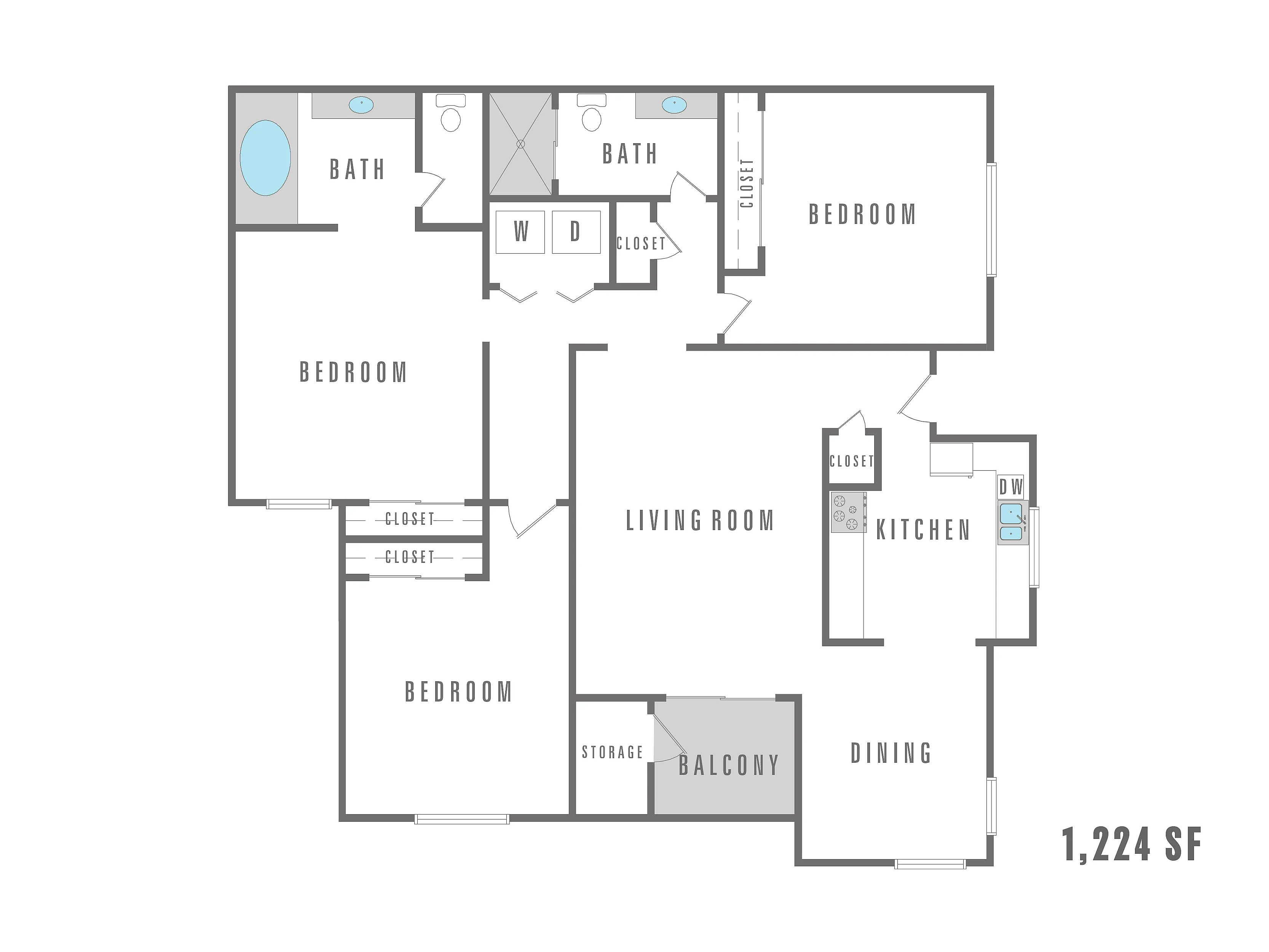 Modern floor plan showcasing 3 bedrooms, 2 baths, open-concept living room, kitchen, dining area, and charming balcony, spanning 1,224 square feet.