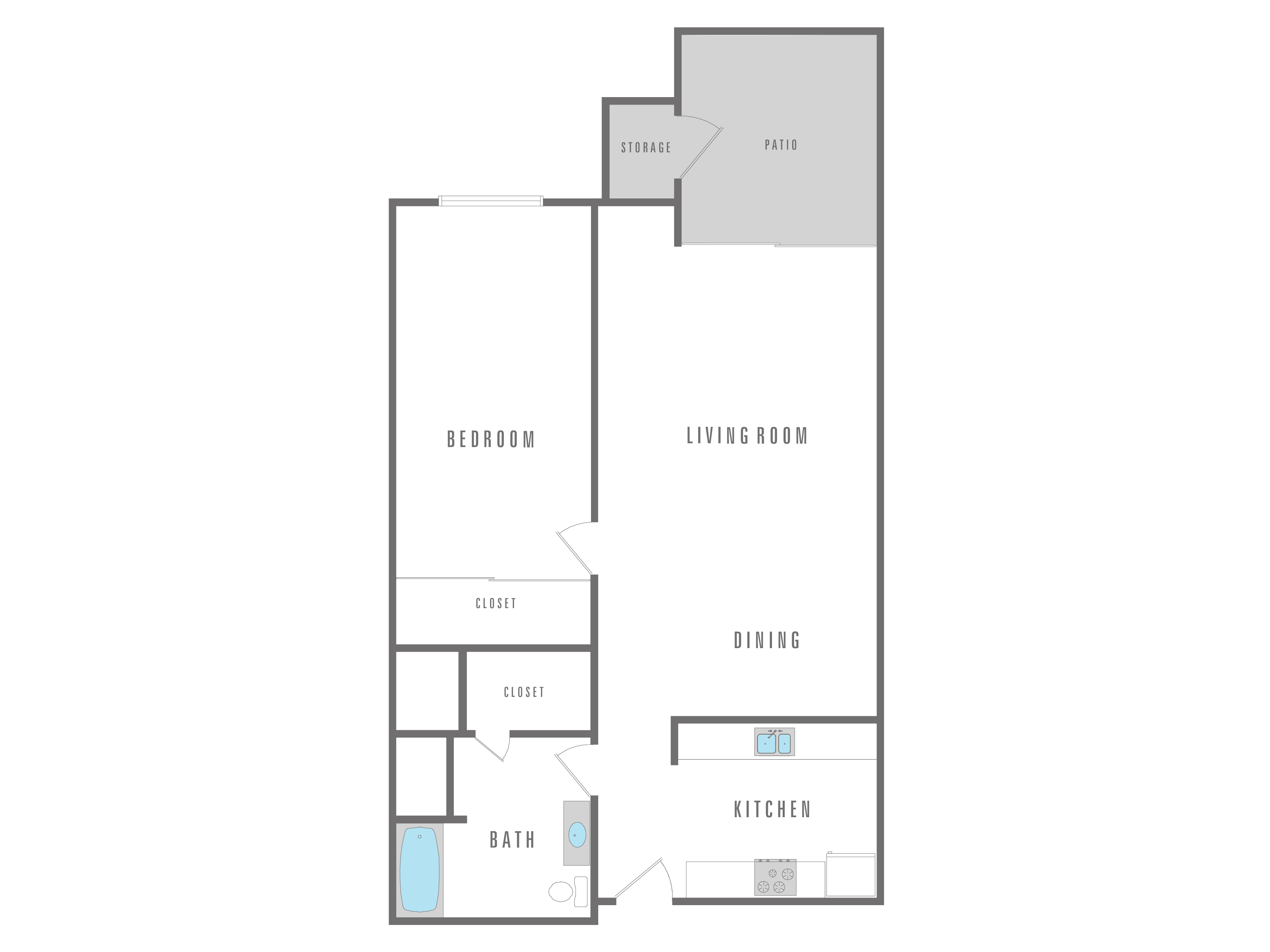 Modern floor plan featuring 1 bedroom, open living and dining area, cozy kitchen, and relaxing patio.