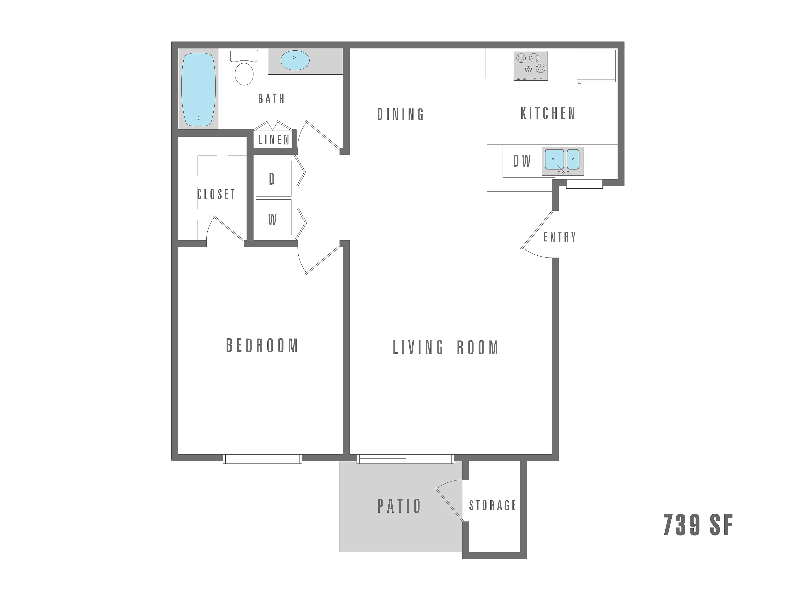 Modern 2D floor plan featuring 1 bedroom, a spacious living room, and a sleek kitchen with dining area, complemented by a private patio and ample storage, totaling 739 sq ft.