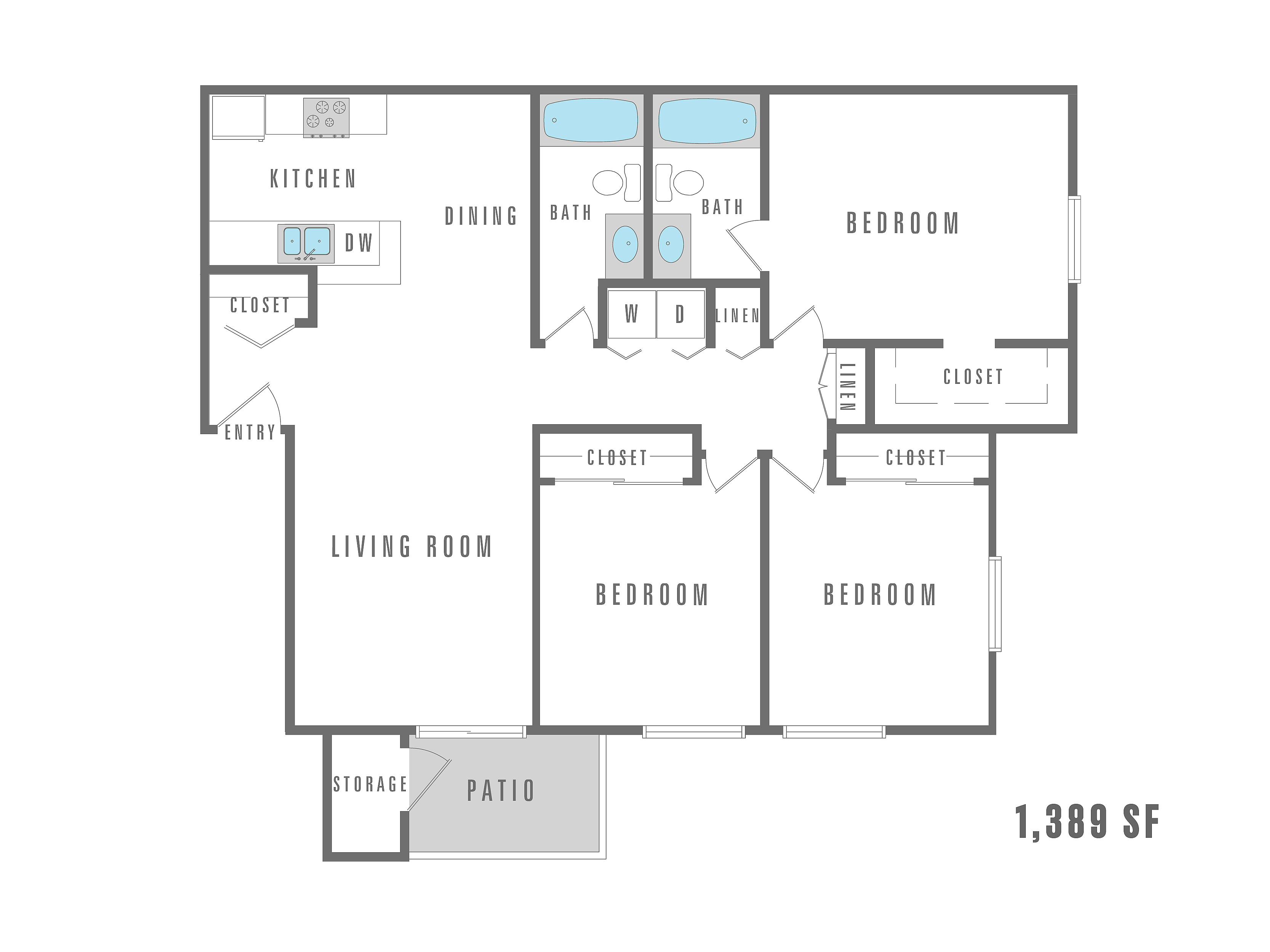 Spacious 3-bedroom floor plan featuring open-concept living and dining area, modern kitchen, dual bathrooms, and a cozy patio, totaling 1,389 sq ft.