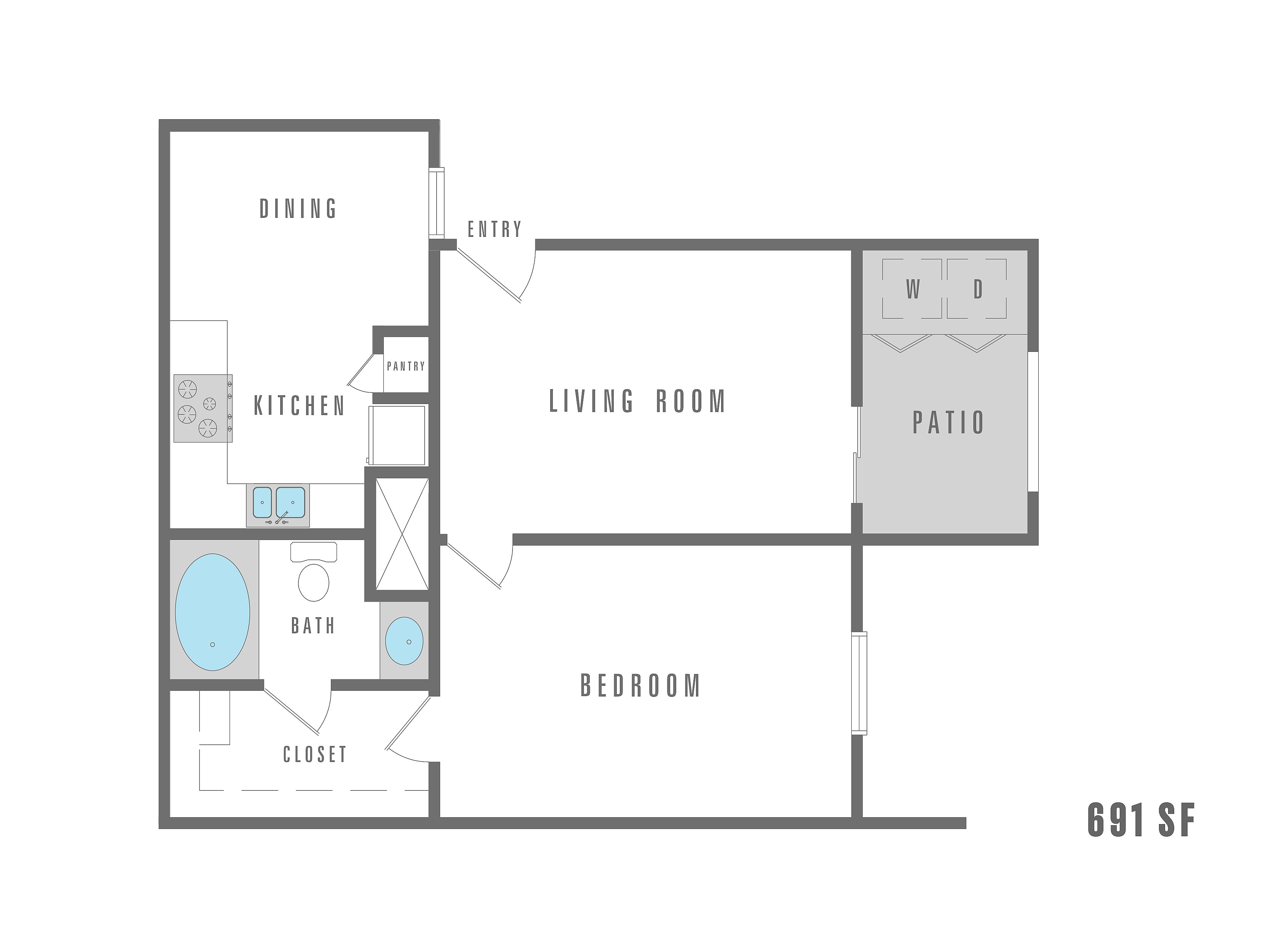 Charming floor plan featuring 1 bedroom, a cozy living room, modern kitchen, dining area, and a spacious patio, encompassing 691 square feet.