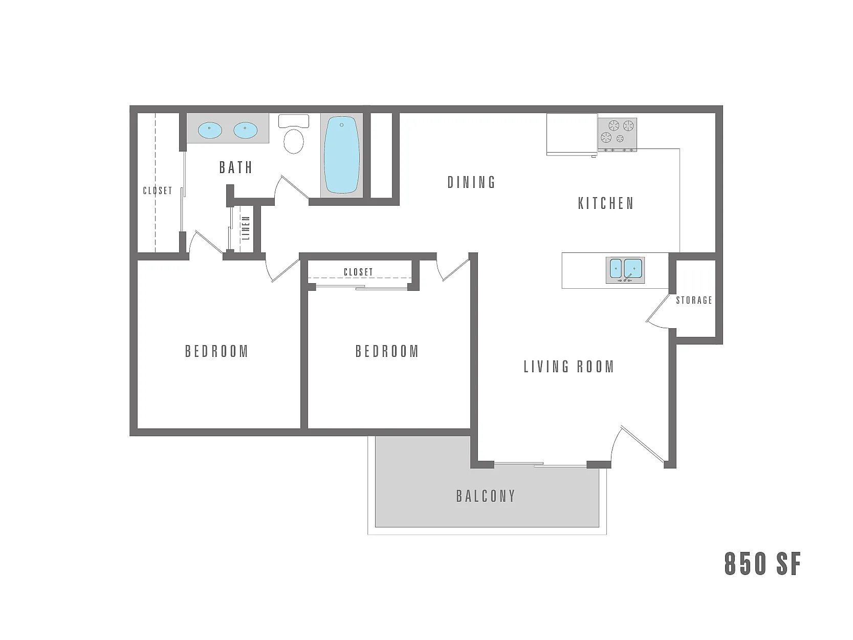 Modern 2-bedroom apartment floor plan featuring a spacious living room, open kitchen, and cozy dining area with balcony access, covering 850 square feet.