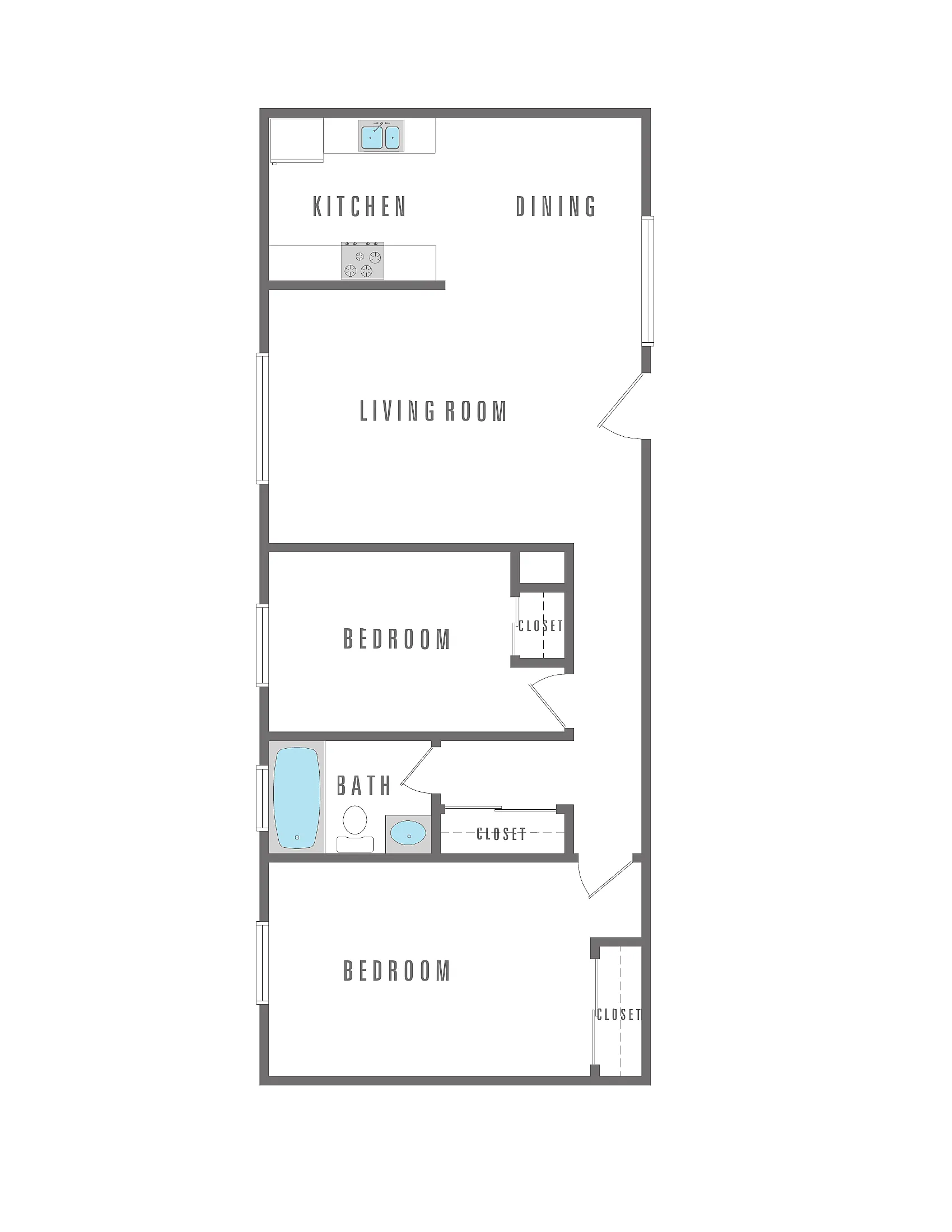 Modern floor plan with two bedrooms, spacious living room, open kitchen, dining area, and luxury bath.