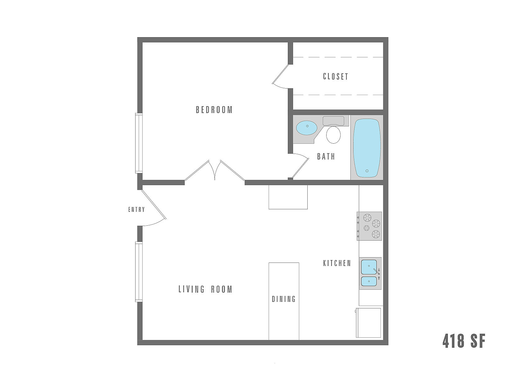 Efficient 418 SF floor plan with a cozy bedroom, modern bath, open living room, and functional kitchen with dining area.