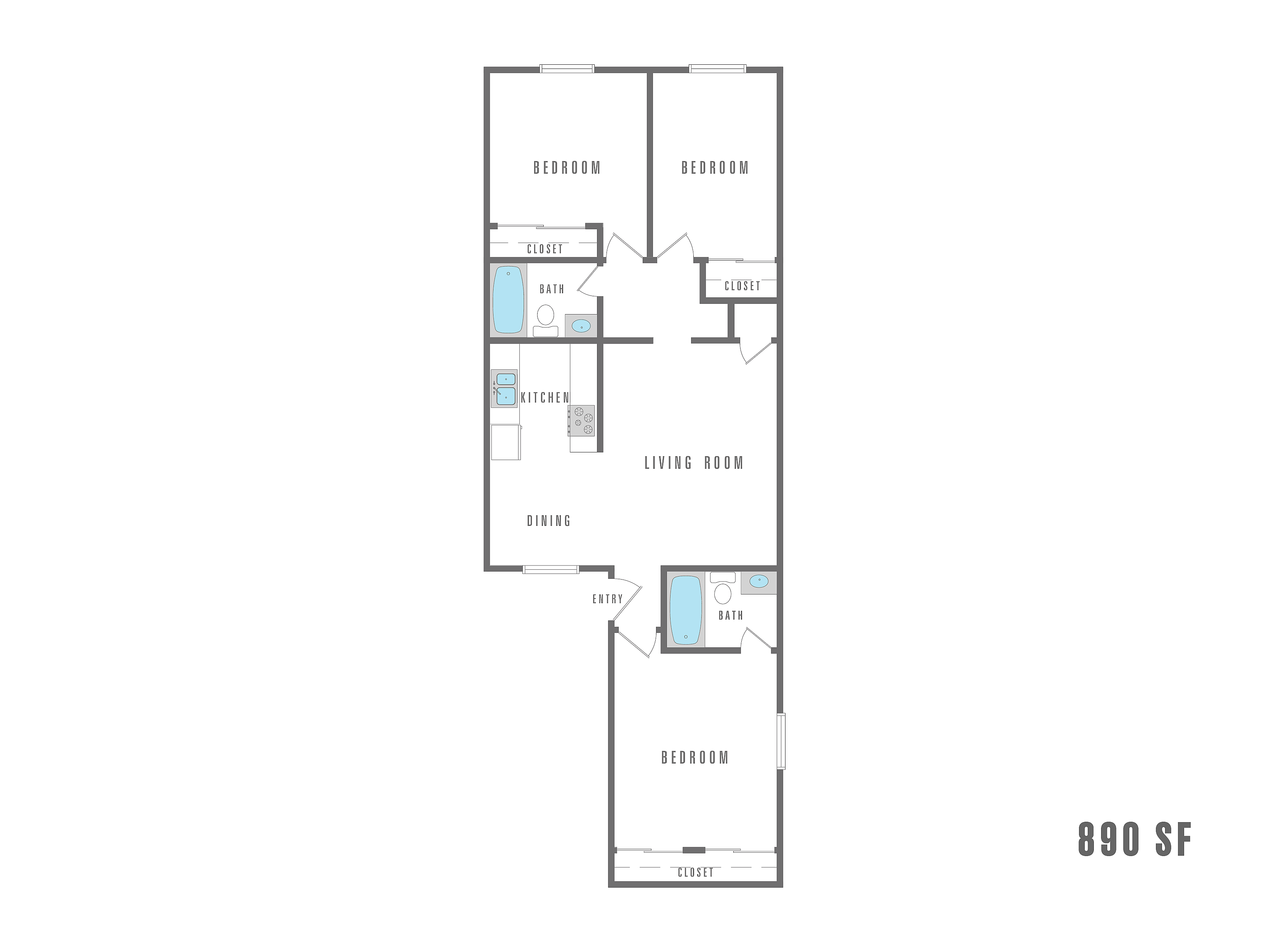 Modern 890 sq ft floor plan featuring 2 spacious bedrooms, 2 bathrooms, and a welcoming open-concept living and dining area.