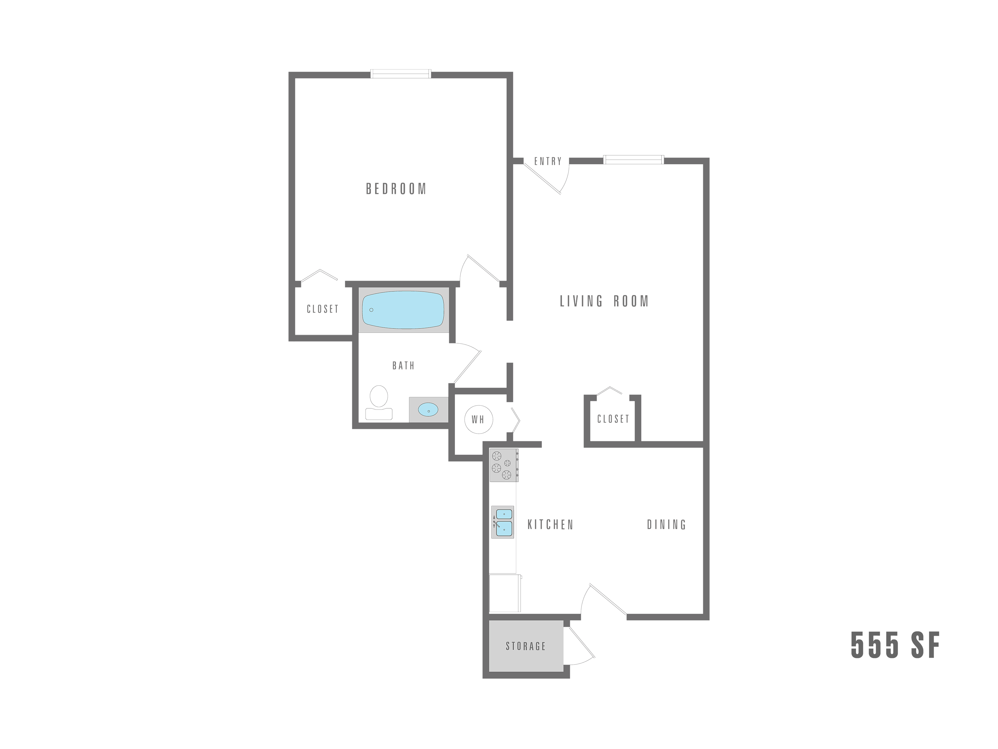 Modern 2D floor plan displaying 1 bedroom, a cozy living room, and a sleek kitchen with dining area, ideal for compact living at 555 sq ft.