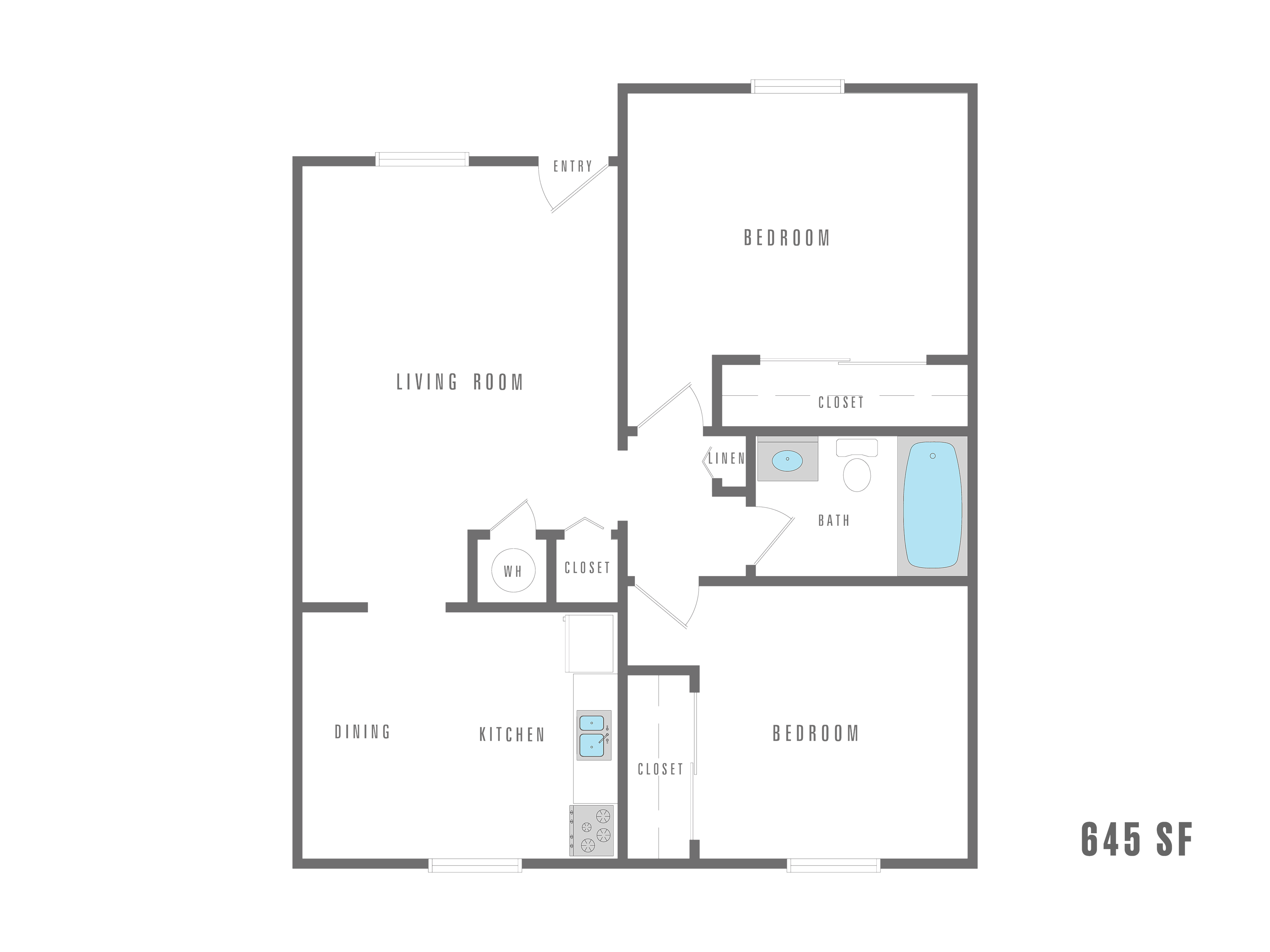 Efficient 2D floor plan of a cozy apartment featuring 2 bedrooms, a spacious living room, kitchen with dining area, and 645 sq ft of living space.