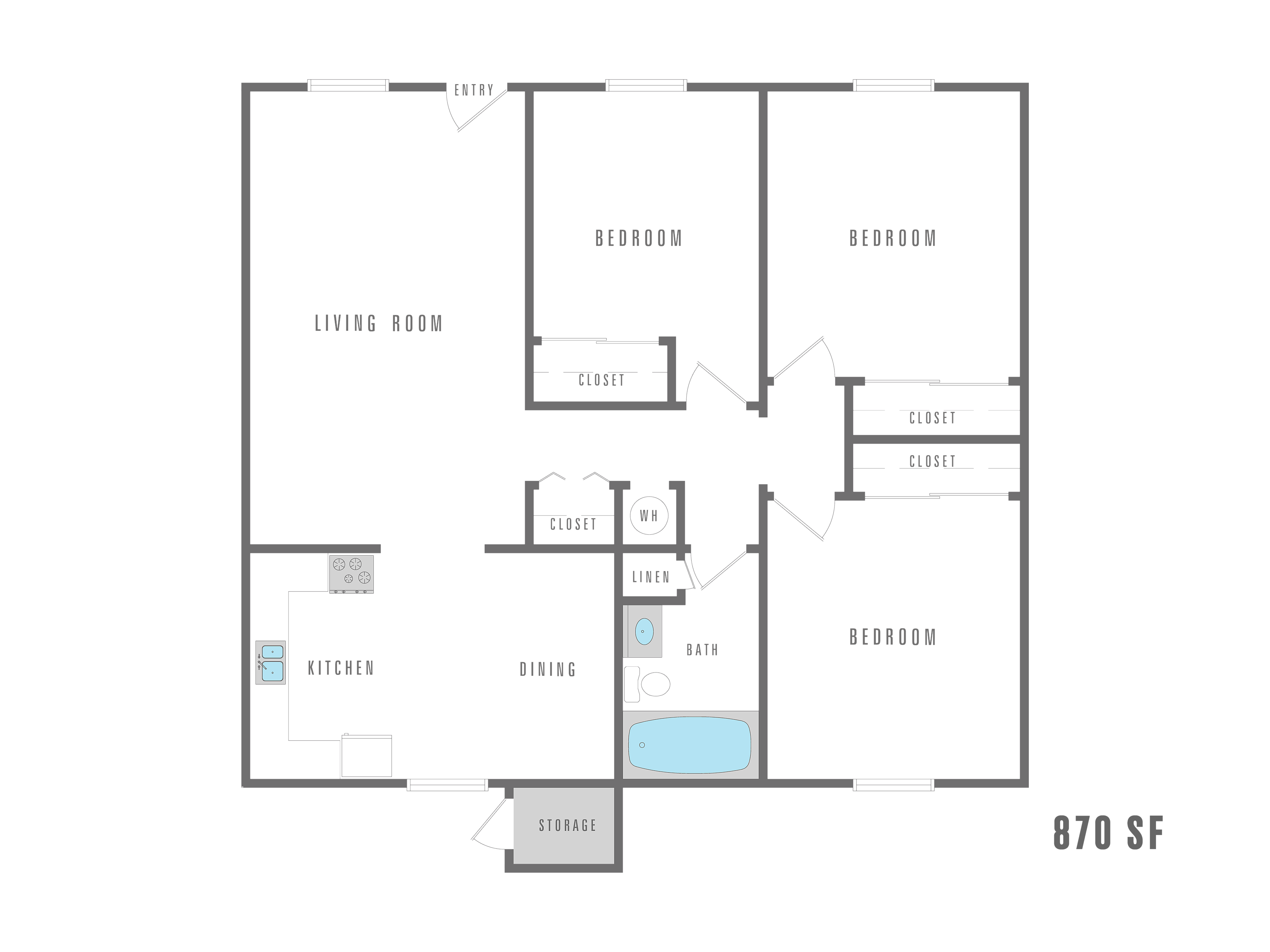 Modern 870 sq ft floor plan with 3 spacious bedrooms, open living room, functional kitchen, and ample storage.