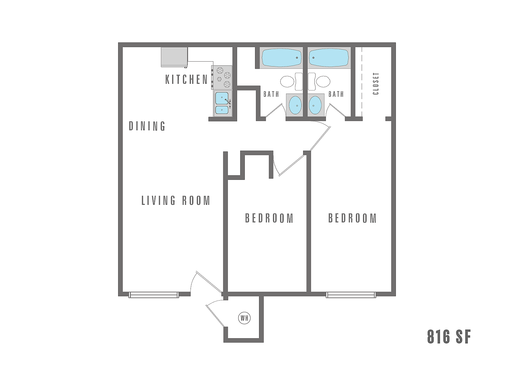 Modern 2D apartment floor plan with 2 bedrooms, open dining and living area, streamlined kitchen, dual baths, and generous closet space, spanning 816 sq ft.