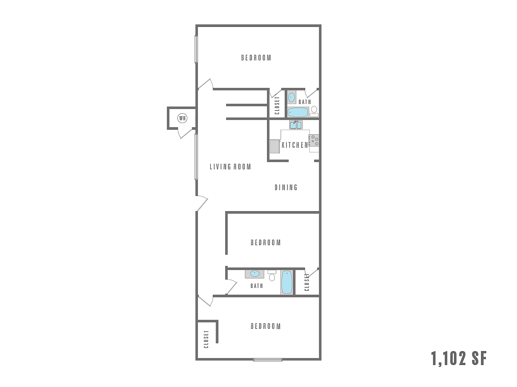 Modern 2D floor plan showcasing 3 bedrooms, airy living room, functional kitchen, and 2 bathrooms, spanning 1,102 sq ft.