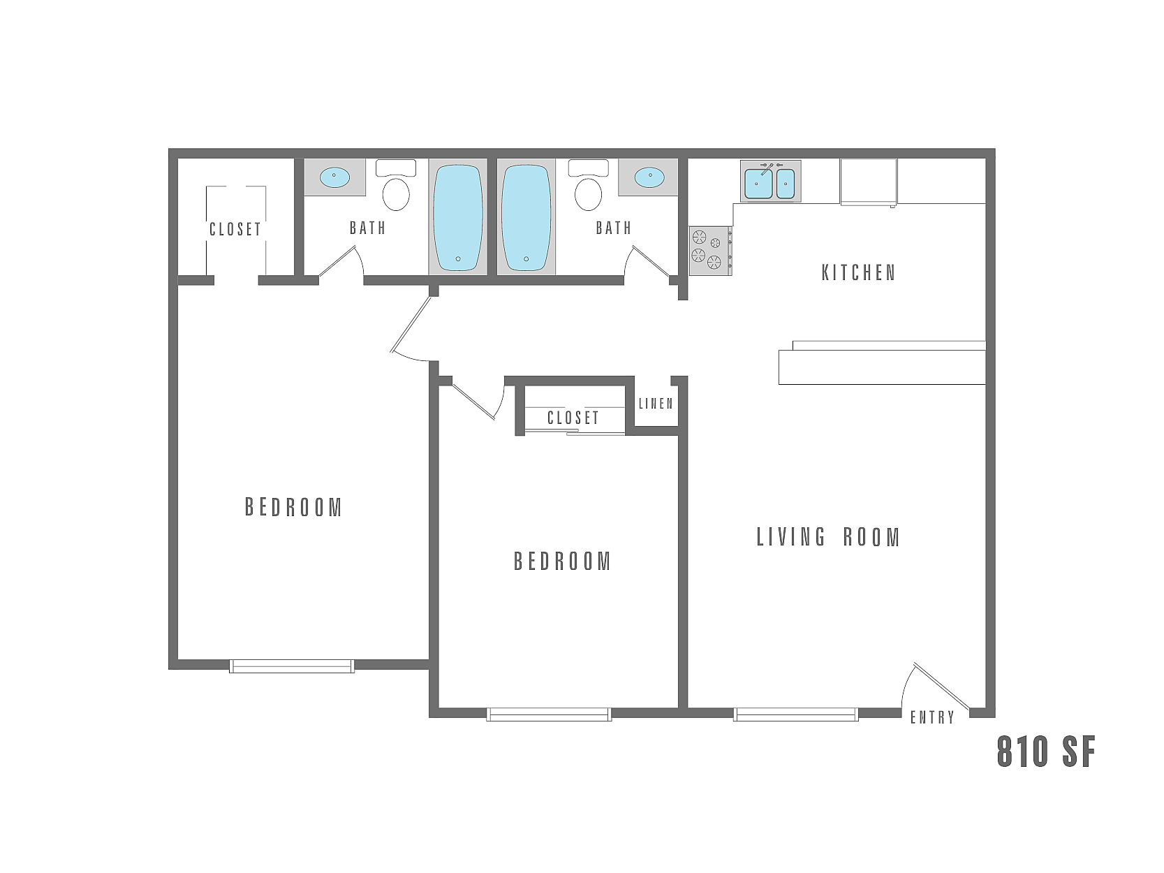 Modern floor plan featuring 2 bedrooms, 2 bathrooms, a spacious kitchen, and a cozy living room, totaling 810 sq ft.