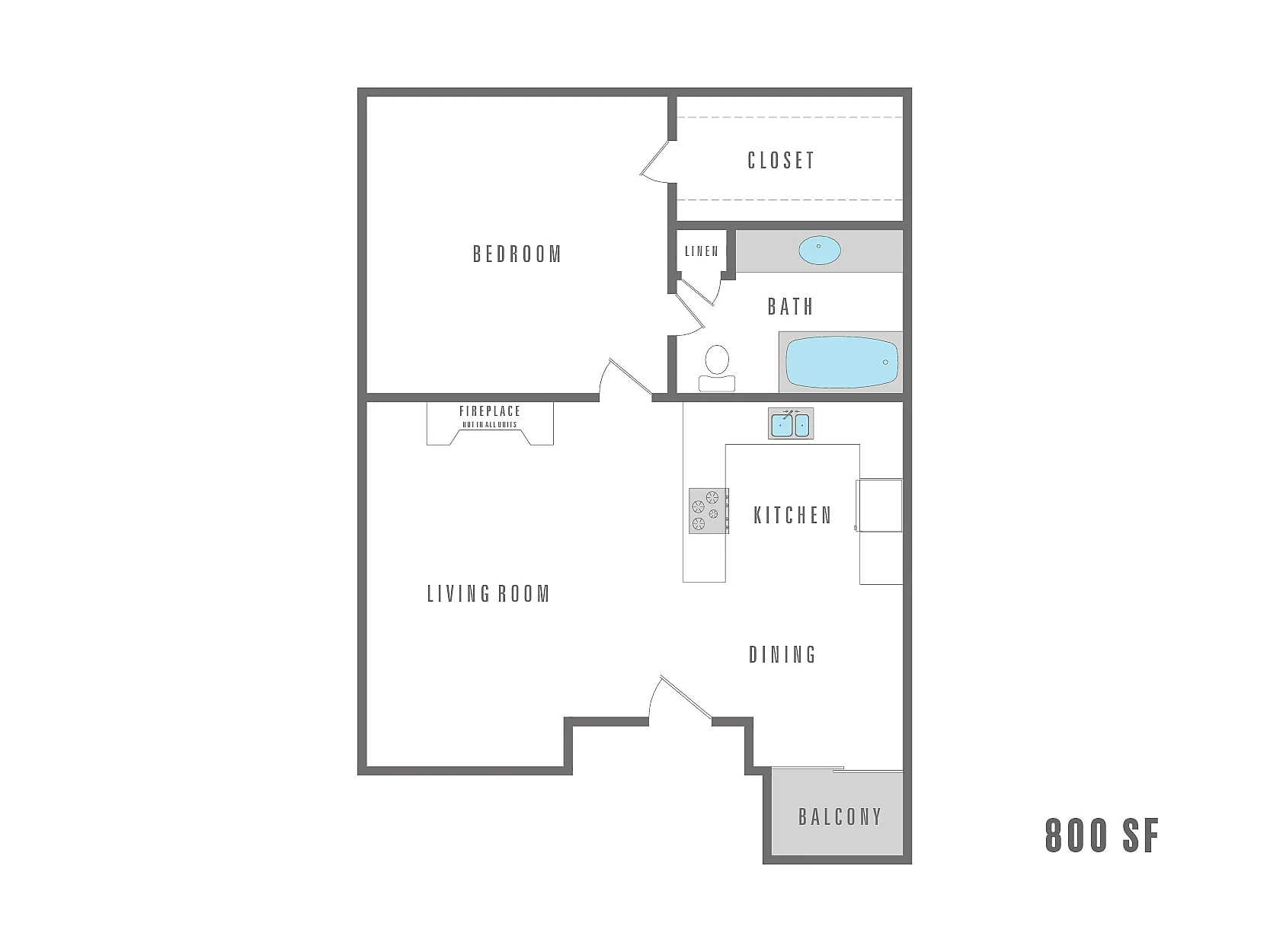 Modern 800 SF floor plan showcasing a single bedroom with a spacious closet, elegant living room with fireplace, sleek kitchen, dining area, luxurious bath, and a balcony for outdoor relaxation.