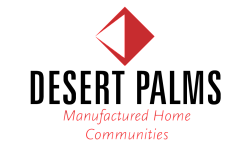 Desert Palms logo showcasing manufactured home communities with a modern red and white geometric design.