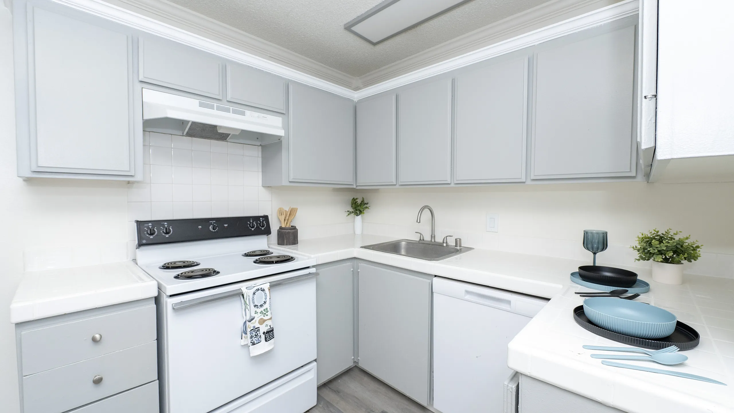 Chic modern kitchen with sleek grey cabinetry, stylish countertops, and elegant decor, perfect for any gourmet chef.