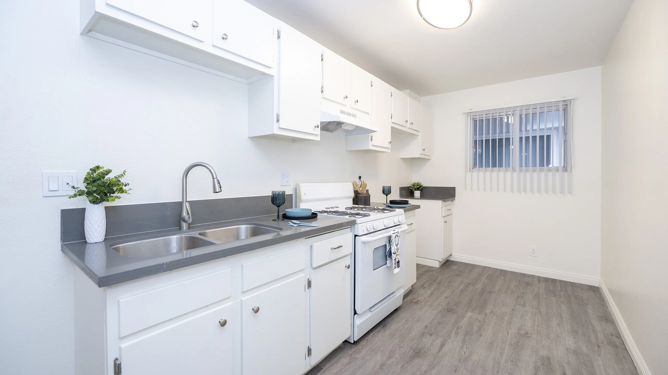 Bright, modern kitchen with sleek white cabinets, stainless steel sink, and chic decor for elegant living.