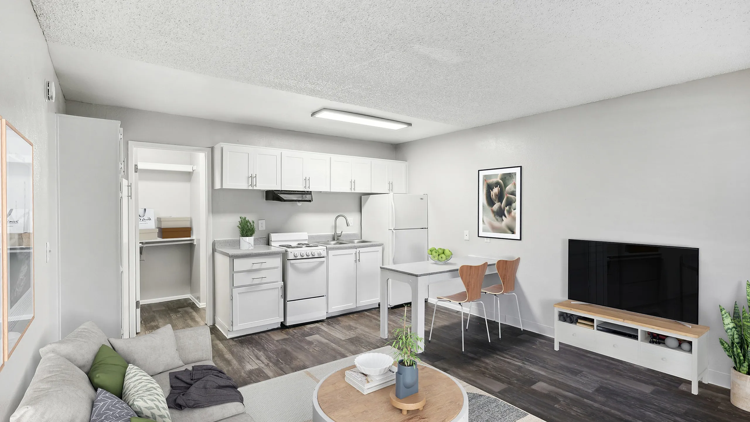 Modern open-concept apartment with cozy living area, sleek kitchen, and stylish dining space. Neutral tones and chic decor enhance the inviting atmosphere.