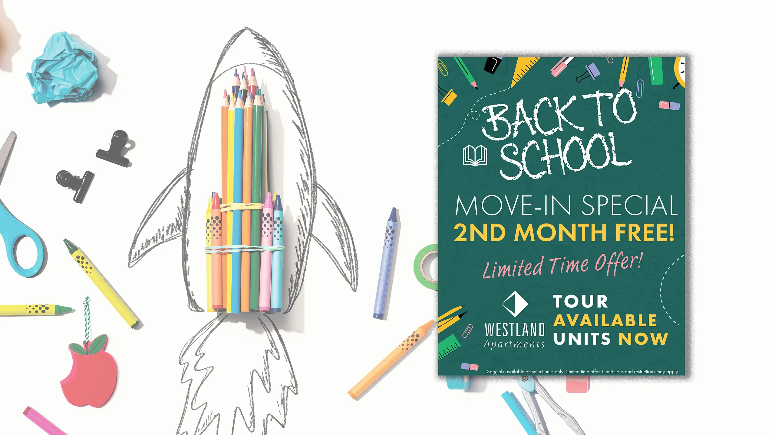 Vivid back-to-school apartment promotion featuring colorful pencils arranged as a rocket, offering move-in specials with enticing graphics and bold text.