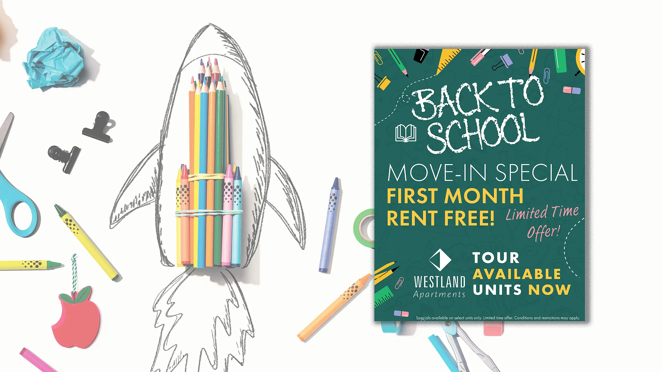 Eye-catching move-in special advertisement for Westland Apartments featuring vibrant back-to-school theme with colorful pencils and educational supplies.