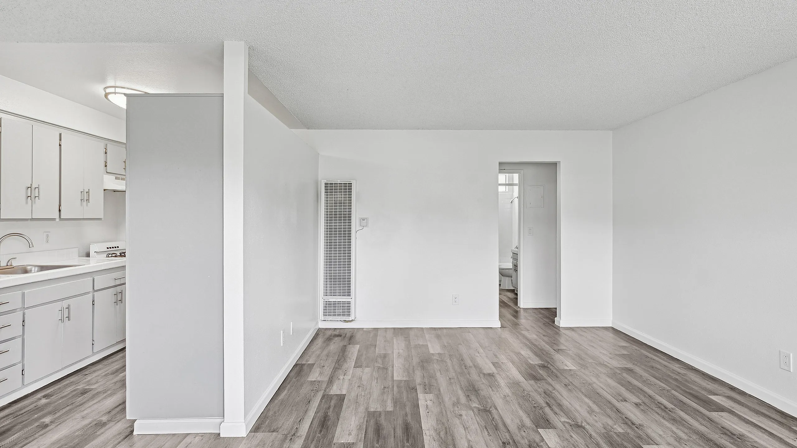 Sleek open-concept apartment with modern kitchen and elegant wood-style flooring.
