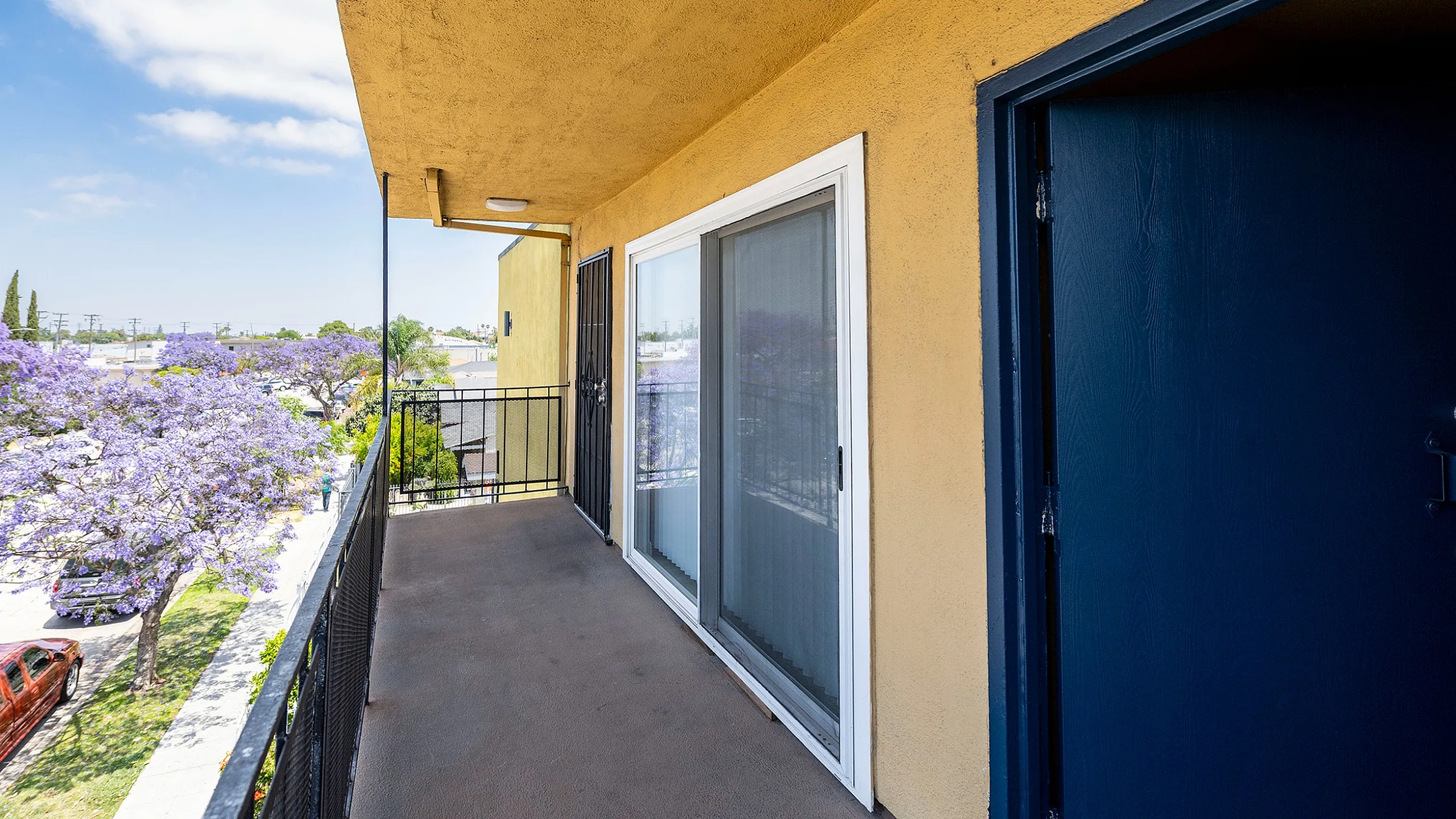 Inviting apartment balcony with vibrant jacaranda trees, offering a fresh and serene outdoor space.