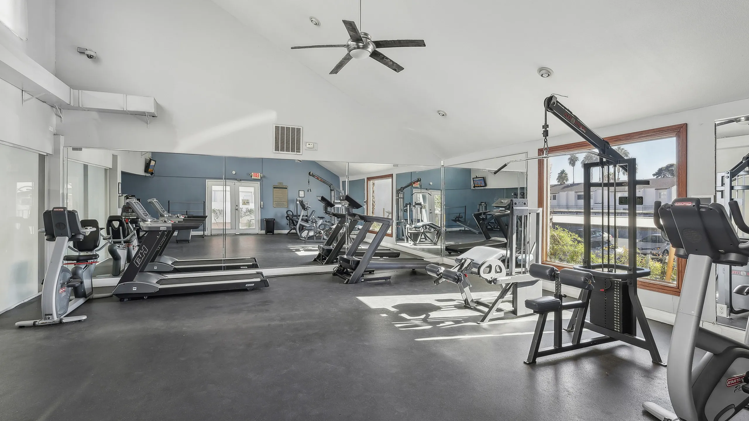 Bright and spacious gym facility with modern exercise equipment, large mirrors, and scenic window views.