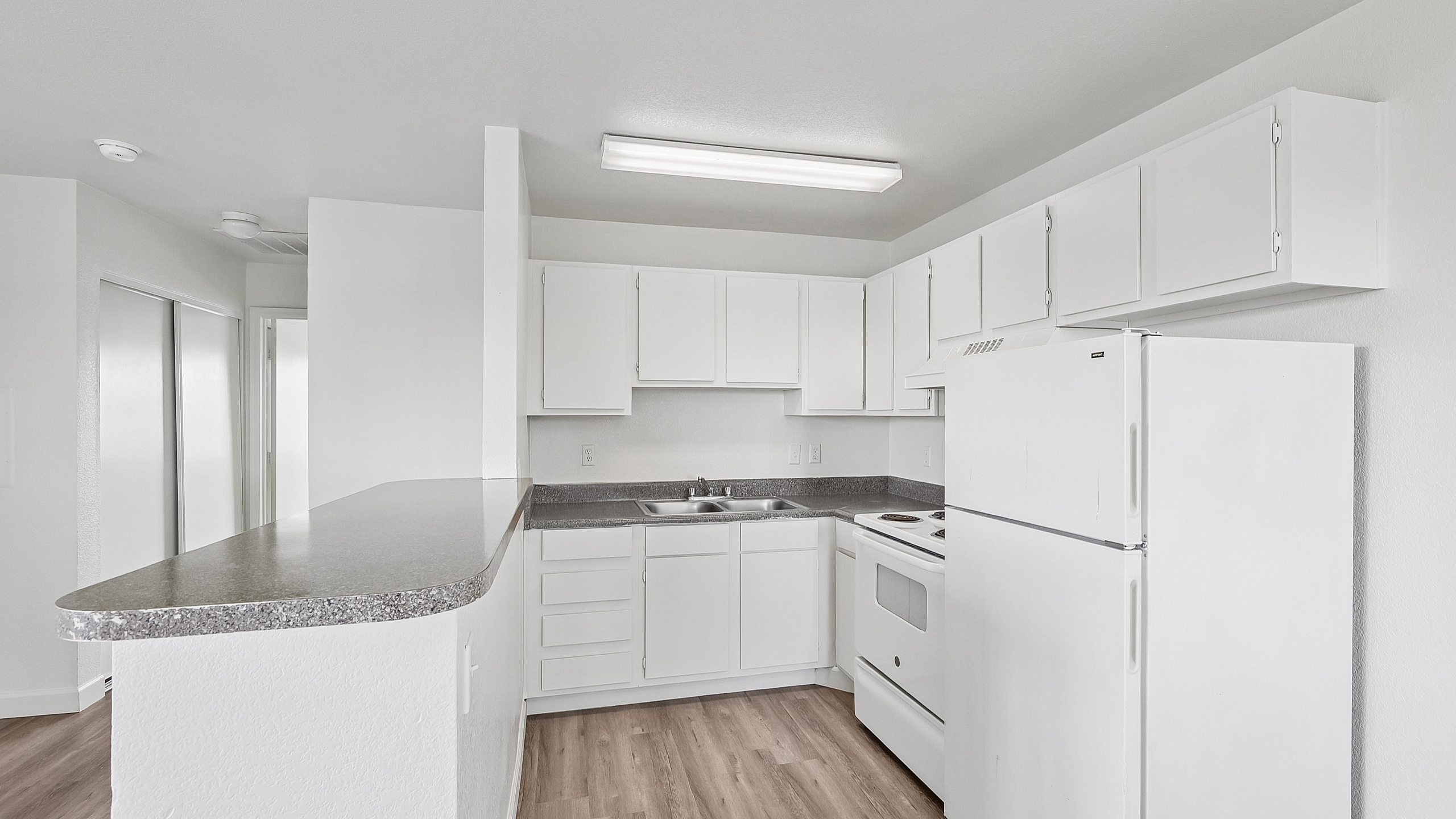Modern kitchen with sleek white cabinetry, spacious countertops, and wood-style flooring, offering a clean and open layout.