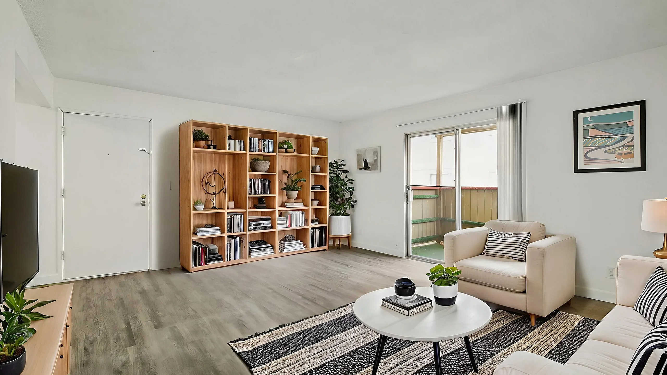 Brightly decorated living room with modern furniture, sleek wood floors, and large windows for natural light, perfect for relaxing and entertaining.