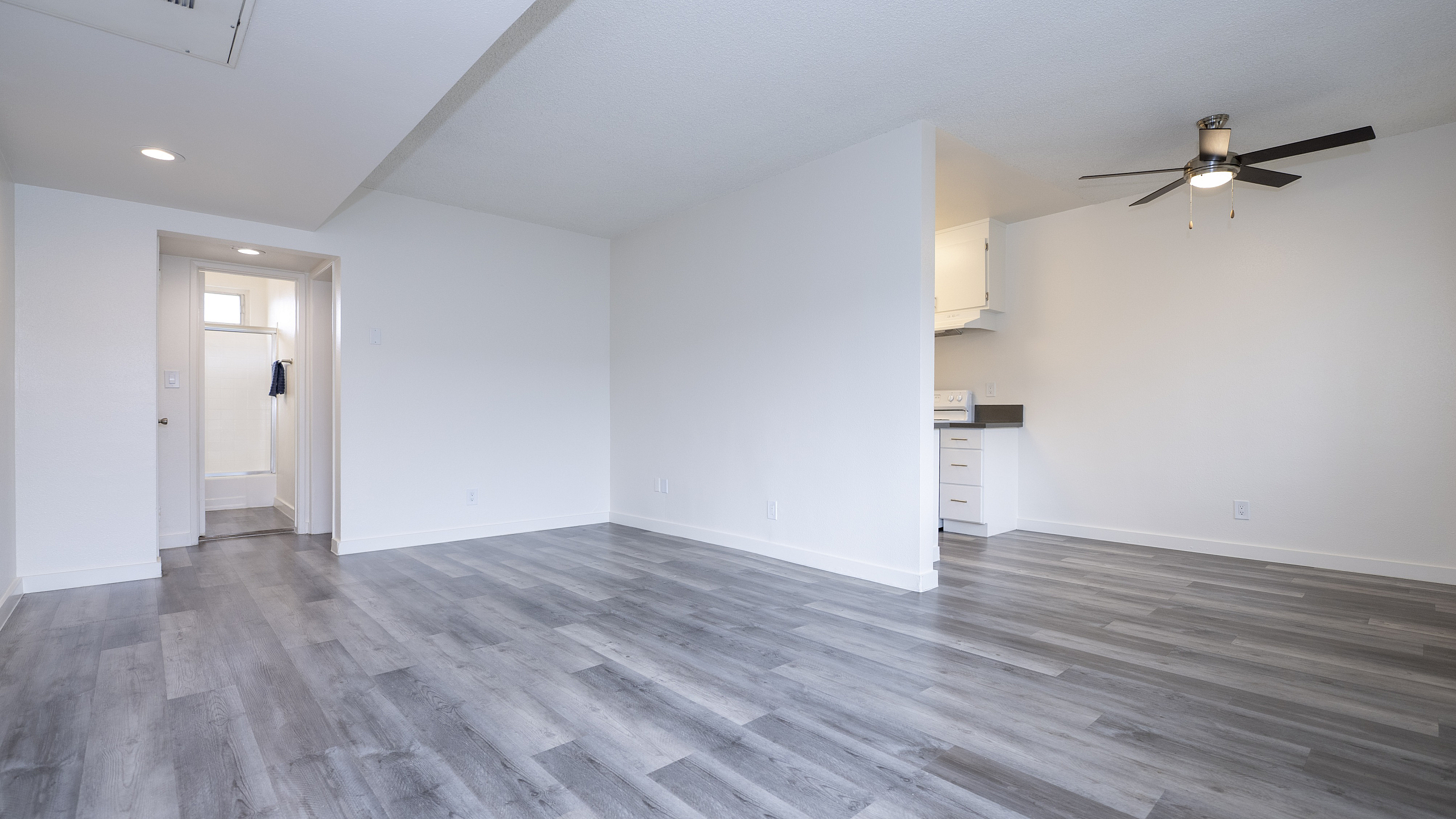 Bright and spacious room featuring elegant wood flooring, modern ceiling fan, and an inviting open kitchen layout.