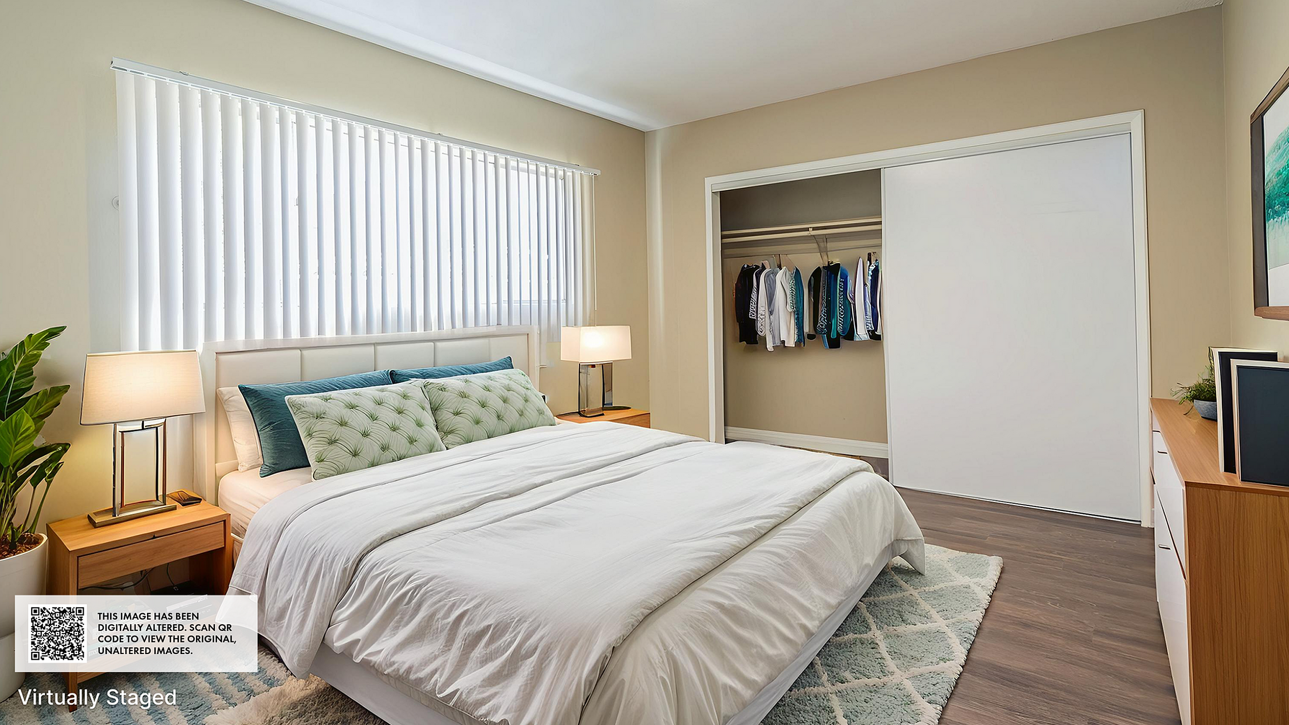 Inviting bedroom with chic decor, featuring a cozy bed, stylish nightstands, a spacious closet, and large window with ample natural light.