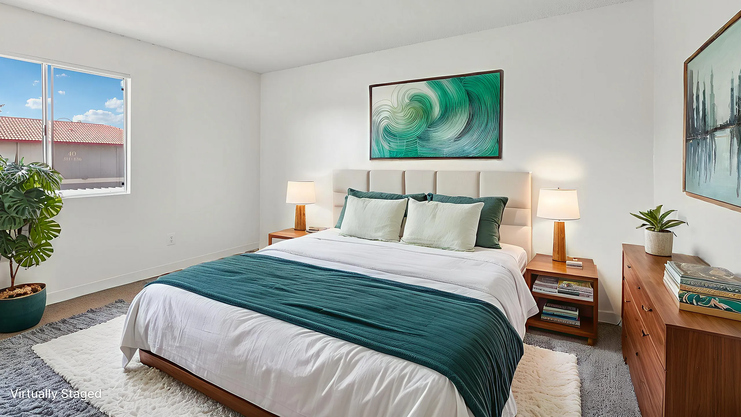 Bright and airy bedroom with contemporary decor, featuring a plush bed, stylish artwork, and modern lamps. Sunlit window offers refreshing views.