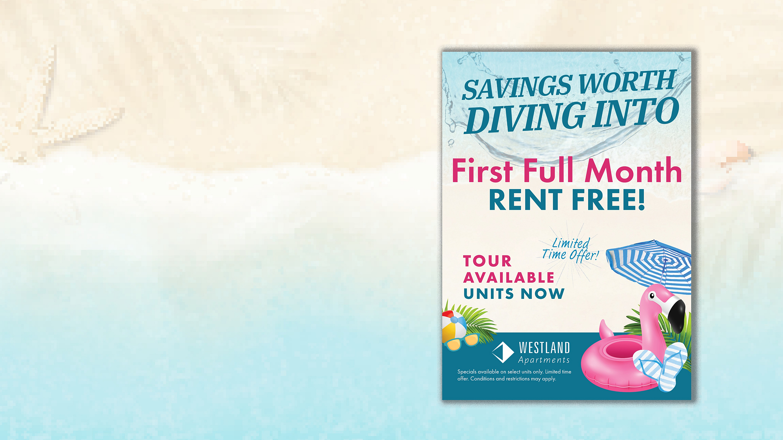 Vibrant advertisement for Westland Apartments offering first full month rent-free, showcasing a beach theme with a flamingo float, beach ball, and umbrella.