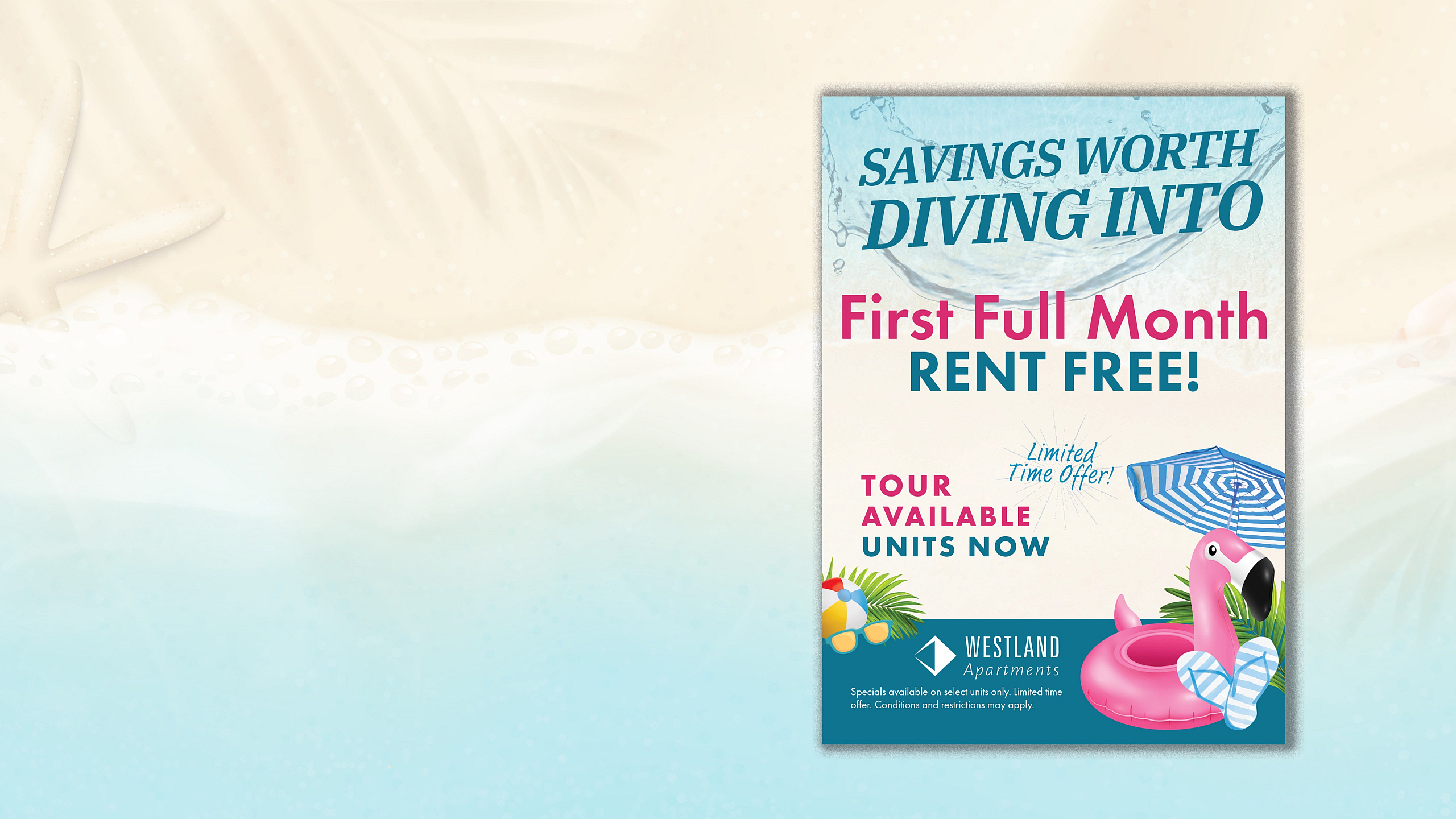 Inviting offer from Westland Apartments: First month rent-free with a limited time tour, showcasing a playful beach theme with a flamingo, umbrella, and tropical vibes.