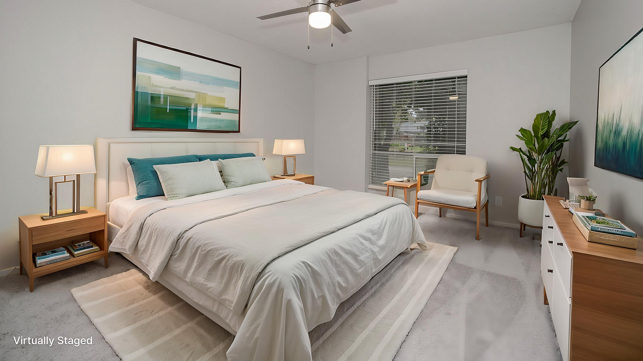 Bright and inviting bedroom featuring elegant modern decor, a cozy bed, and serene artwork, enhanced by virtual staging.