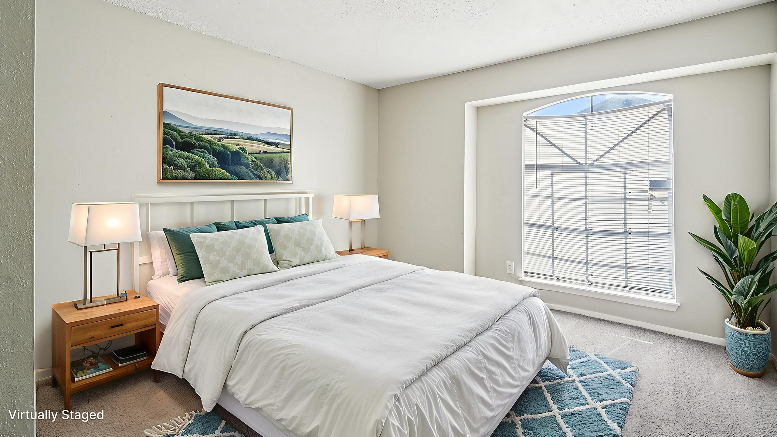 Bright, virtually staged bedroom featuring cozy bedding, soft lighting, and a large window with elegant blinds, perfect for relaxation.