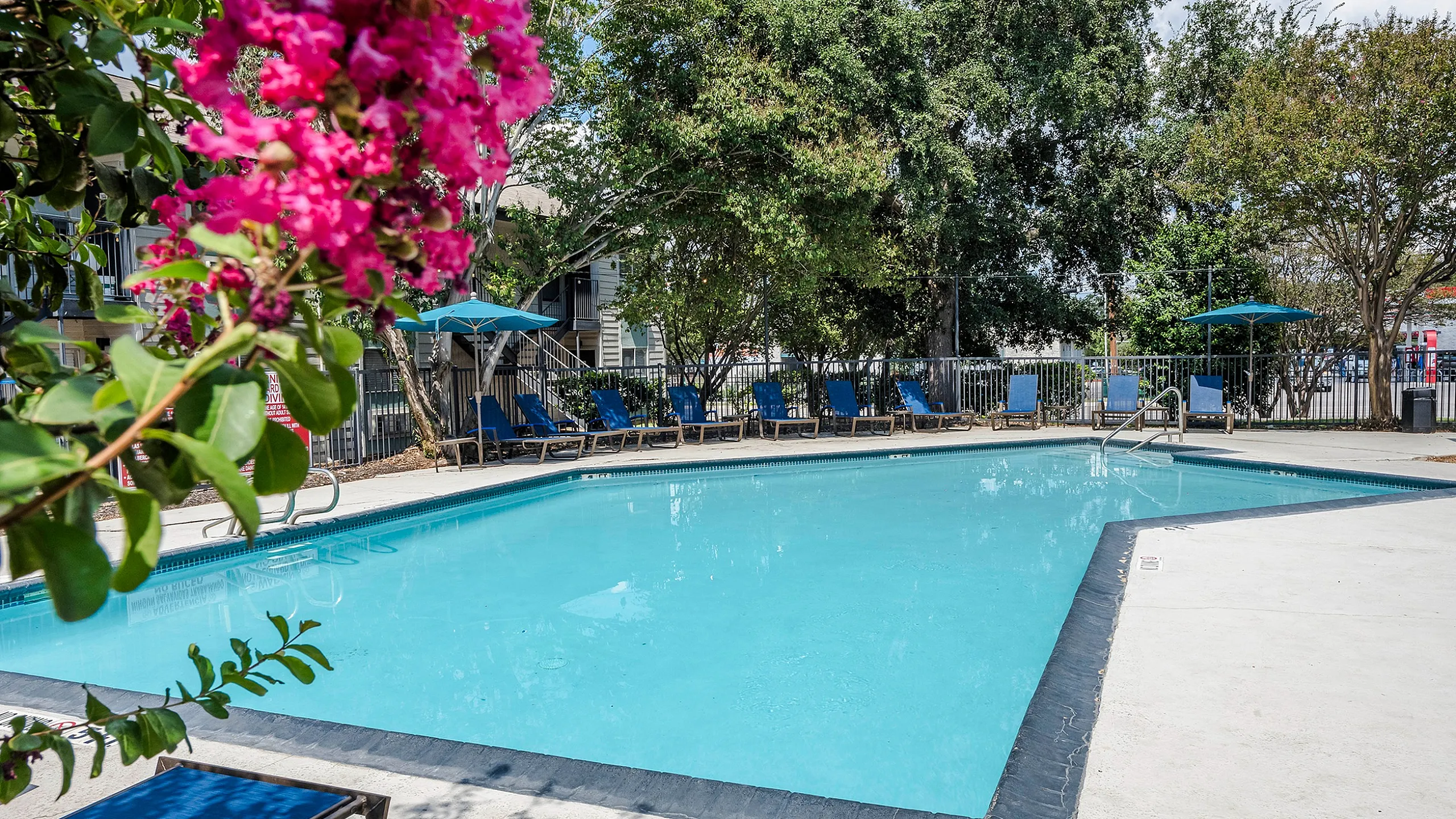 Inviting swimming pool with vibrant pink flowers and lush greenery, offering a serene oasis with comfortable lounge chairs and shade umbrellas.
